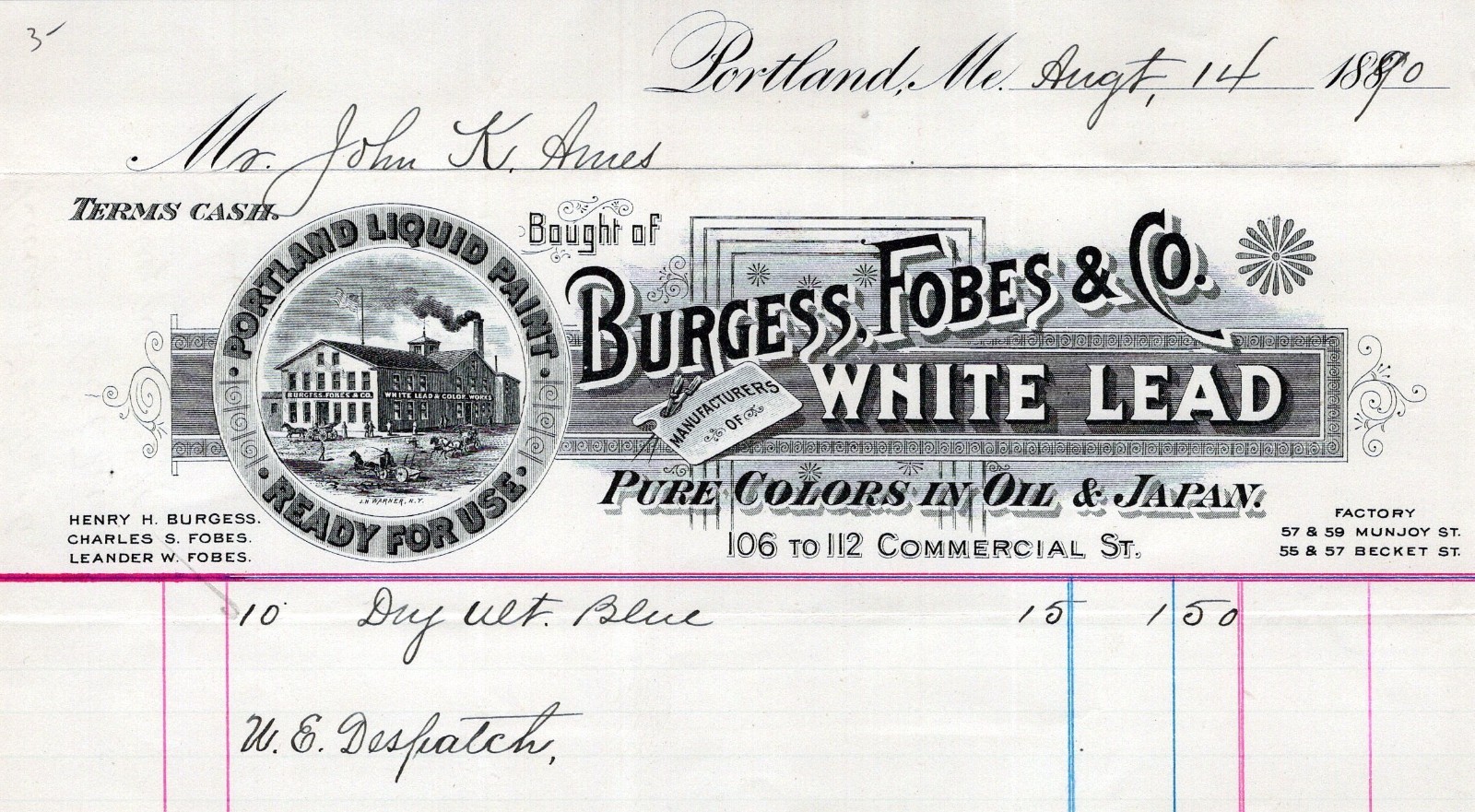 1890 Burgess Fobes Portland Maine White Lead Paint Factory Billhead Invoice A2FF