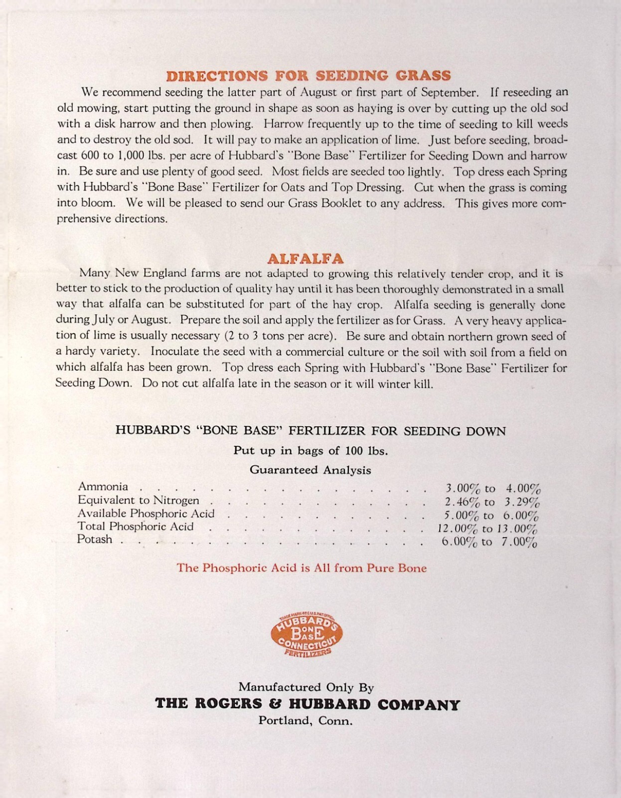 1927 The Rogers & Hubbard Co Bone Base Fertilizer Sales Flyer MIDDLETOWN CT