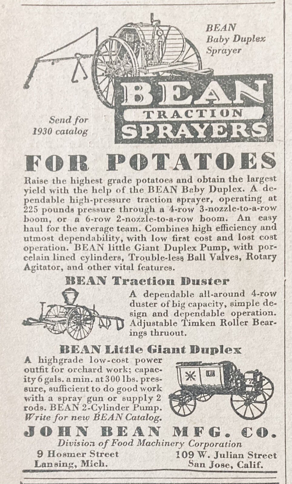 1930 AD.(XH1)~JOHN BEAN MFG. CO. FMC LANSING, MI. POTATO SPRAYERS