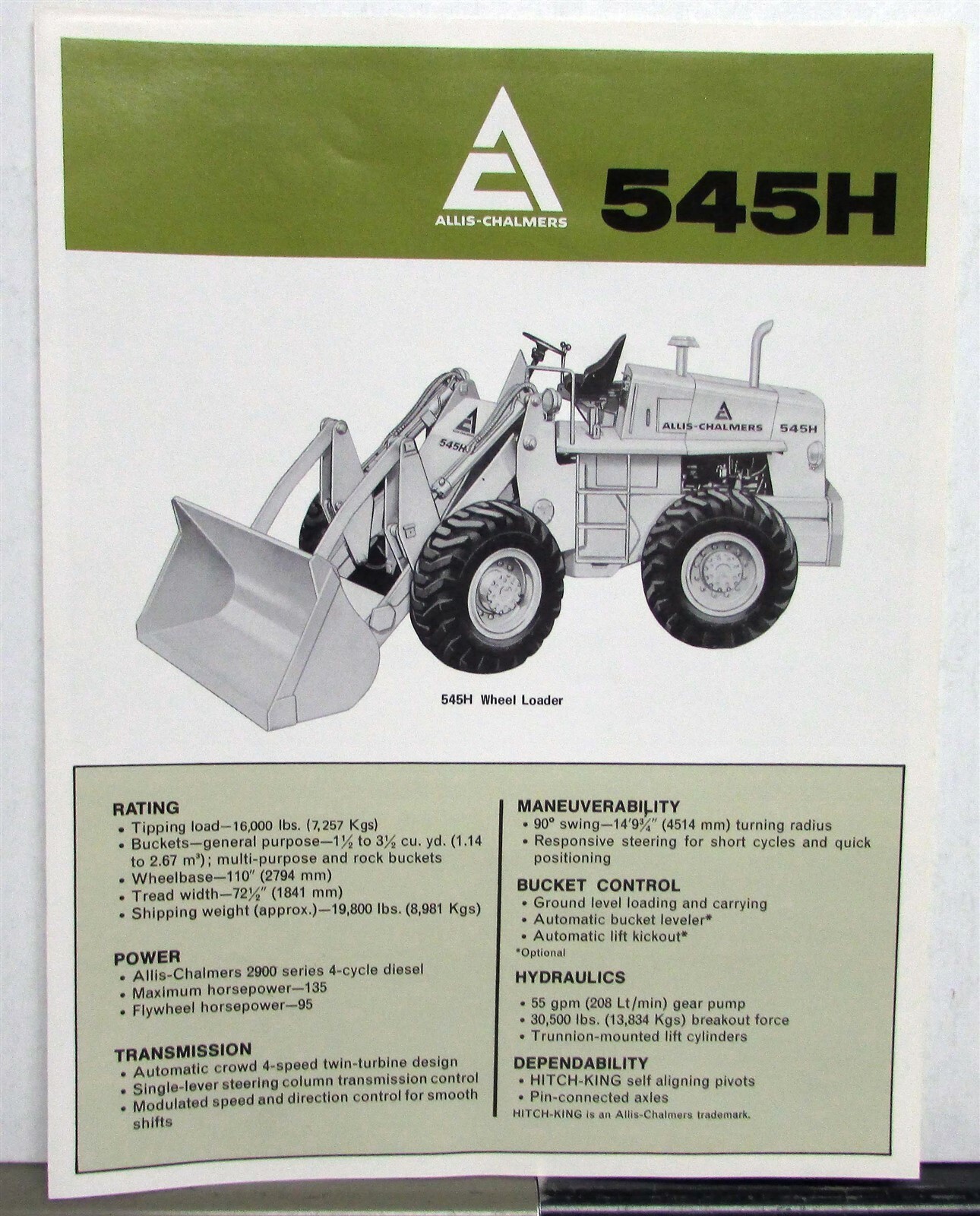 1970 Allis Chalmers 545 Wheel Loader Construction Sales Folder