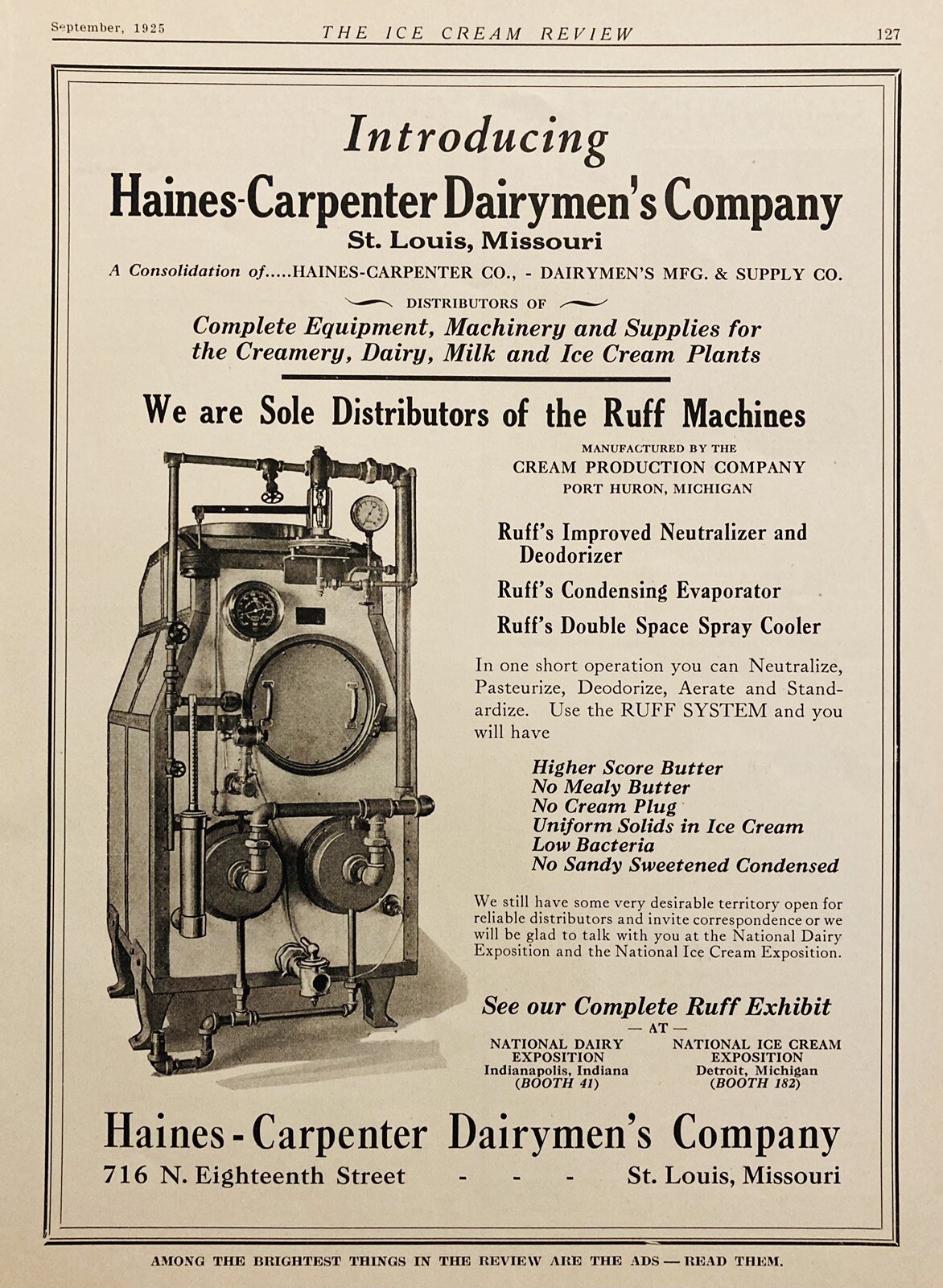 1925 AD.(XF12)~HAINES-CARPENTER DAIRYMEN’S CO. ST. LOUIS. ICE CREAM MACHINERY