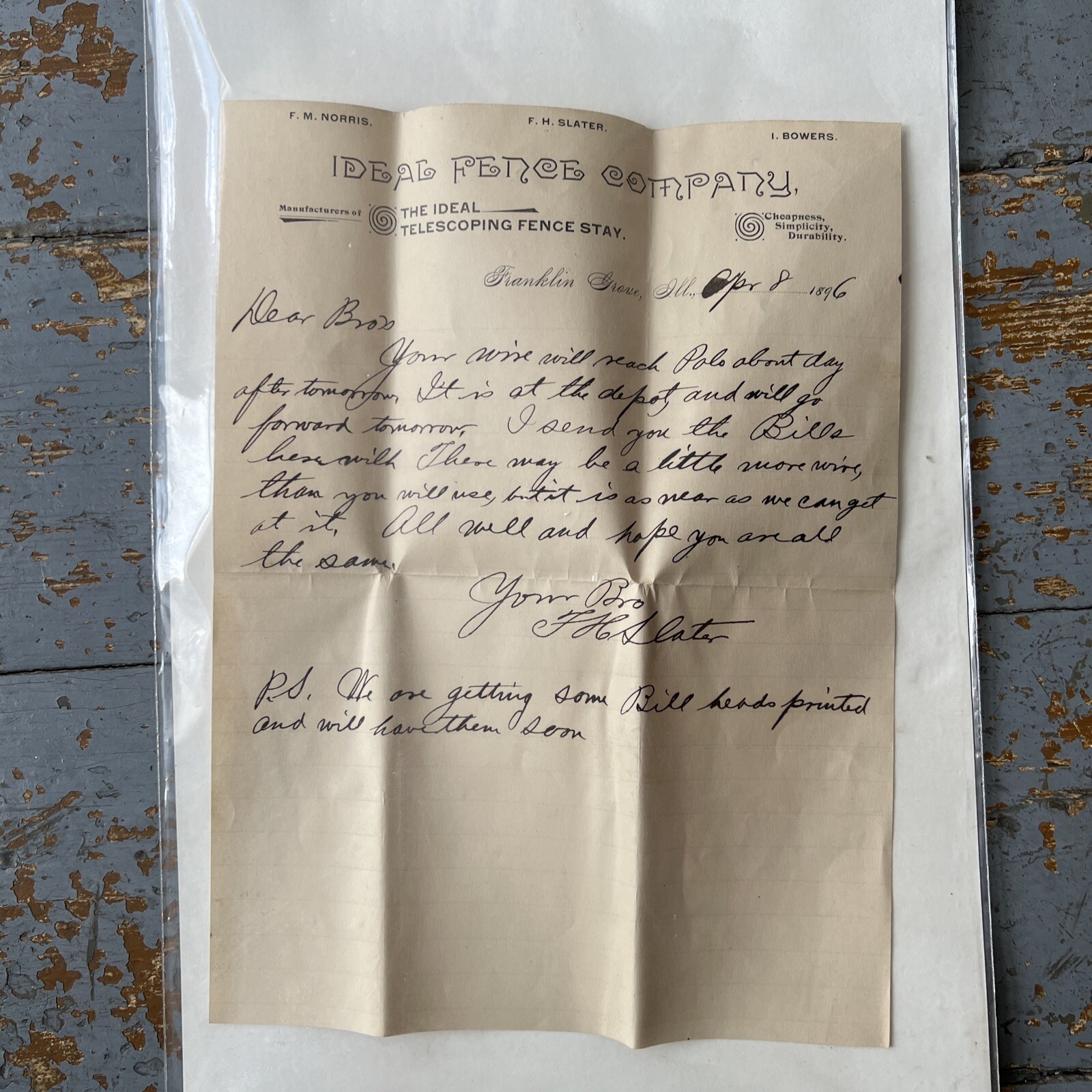 1896 Ideal Fence Company Franklin Grove, IL Letterhead Ephemera Farm Agriculture