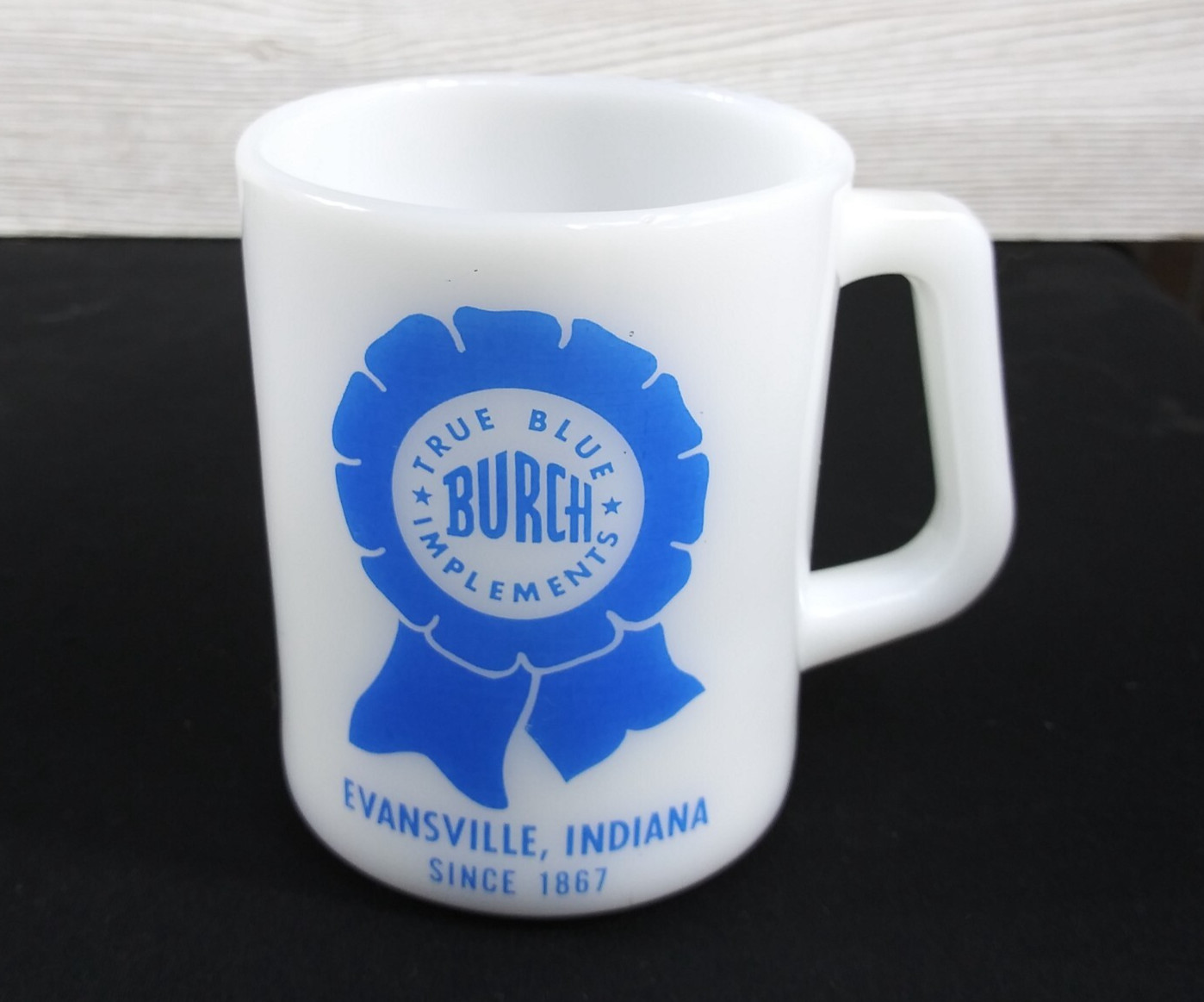 VTG Burch True Blue Farm Implements Coffee Mug Federal Glass Ag Ribbon Logo READ