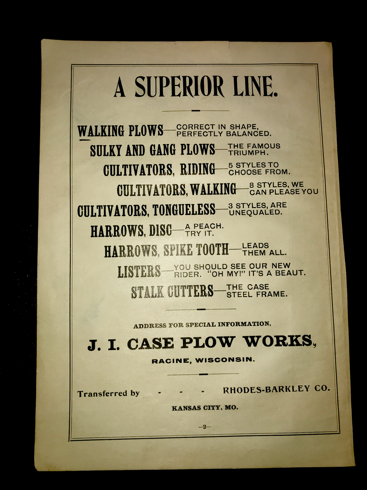 1898 J.I. Case Plow Works Superior Farm Advertising – Kansas City – Missouri