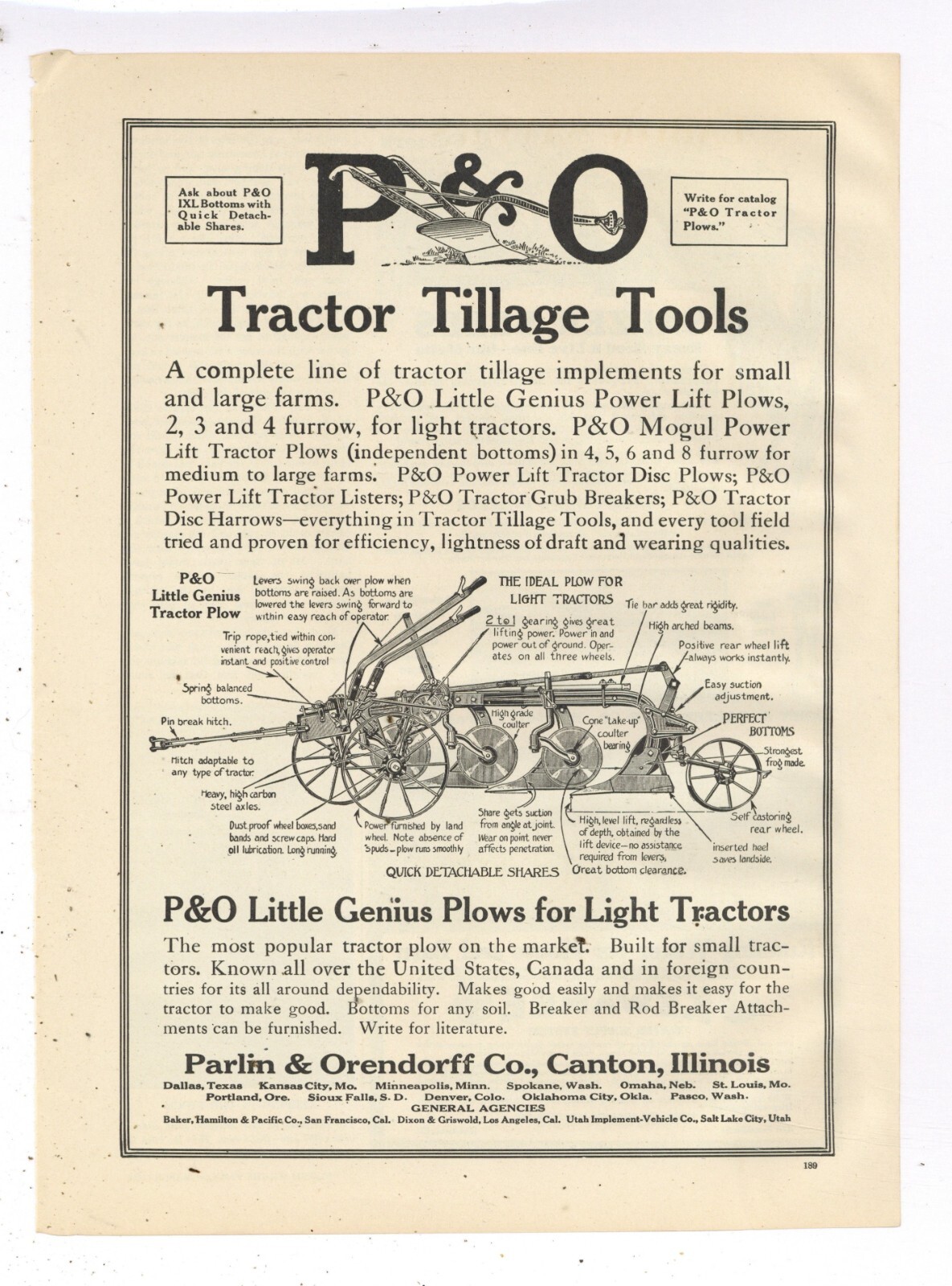 1919 P & O, Parlin & Orendorff Co. Ad: Little Genius Plow Diagram w. Features