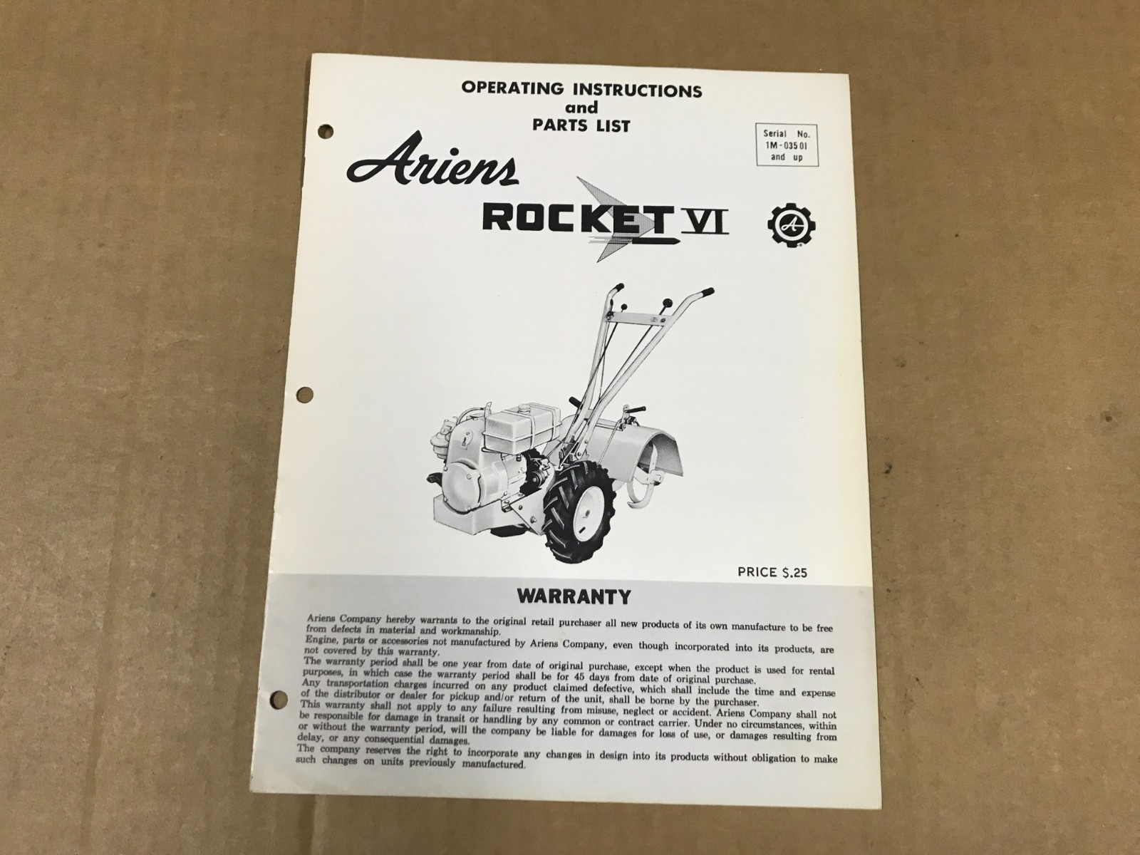 Vintage Ariens Rocket VI – Operating Instructions & Parts List, 1M-03501