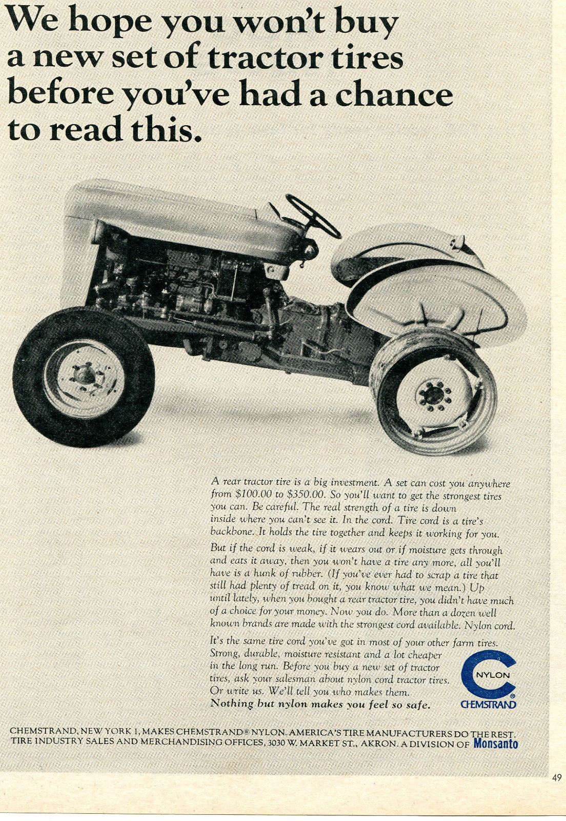 1964 Print Ad of Monsanto Chemstrand Nylon Tractor Tires