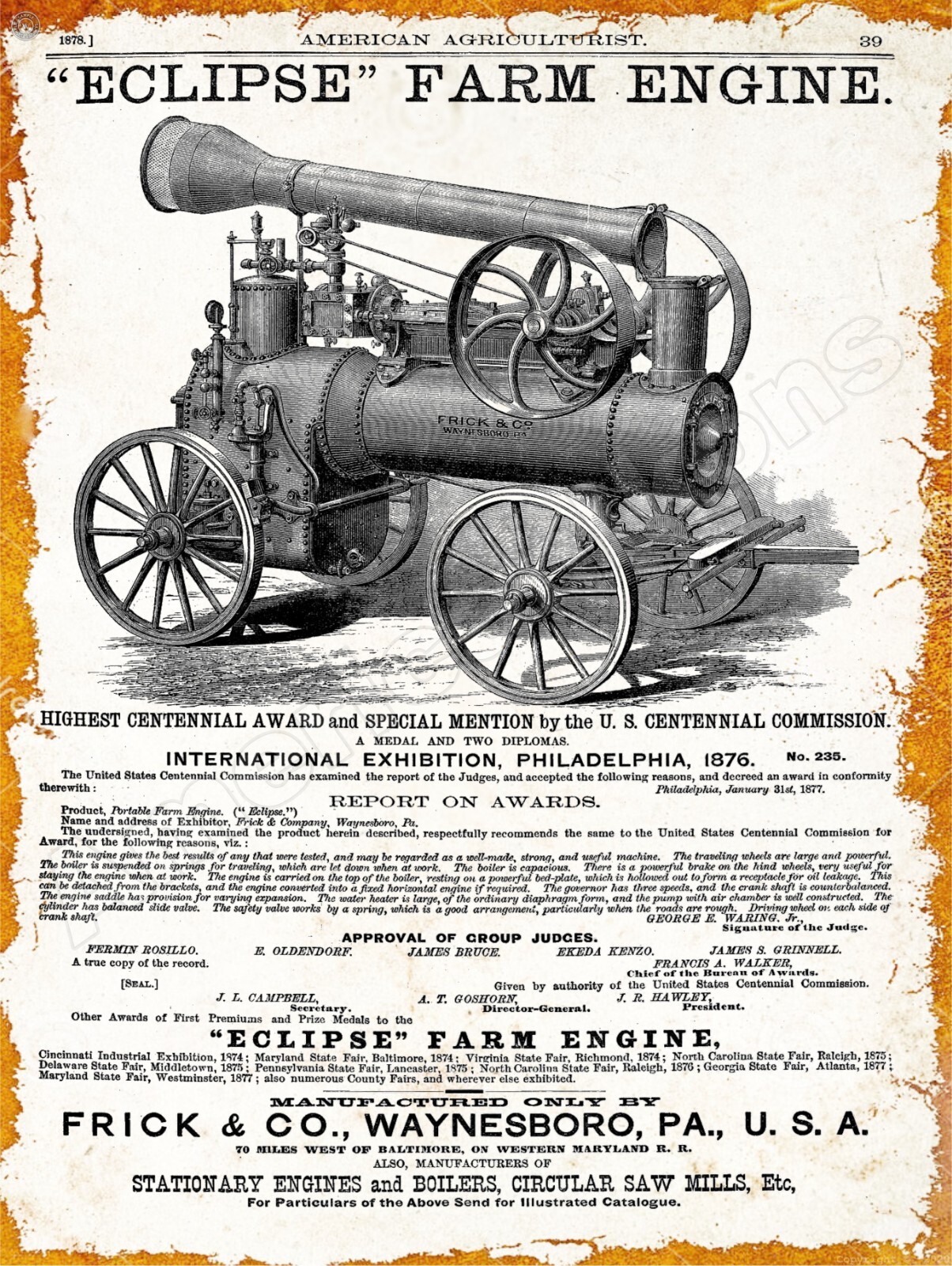 1878 Frick Eclipse Farm Engine NEW Metal Sign: Free Shipping – 12 x 16&Prime;