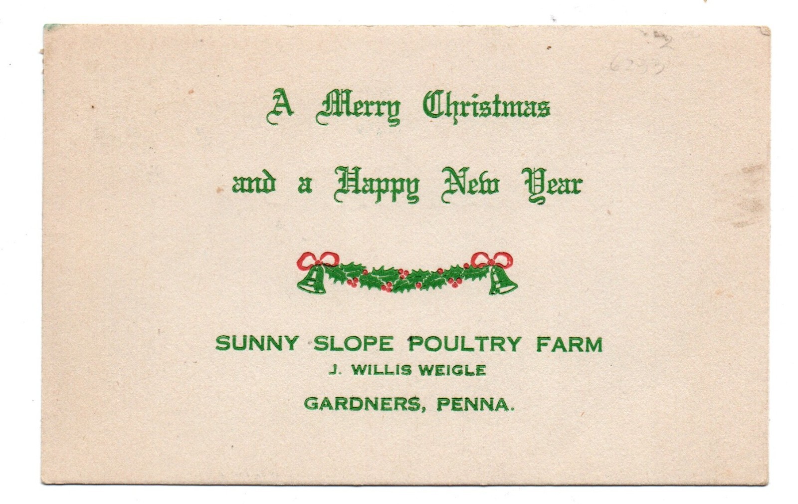 Vintage advertising Christmas Postcard Sunny Slope Poultry Farm Gardners Penn PA