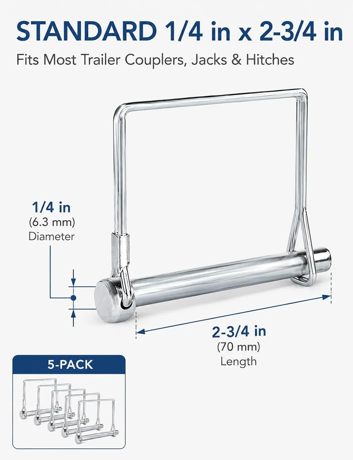 5 Pack Square Trailer Pin 1/4 inch x 2-3/4 inch, Heavy Duty Shaft Locking Pin, C