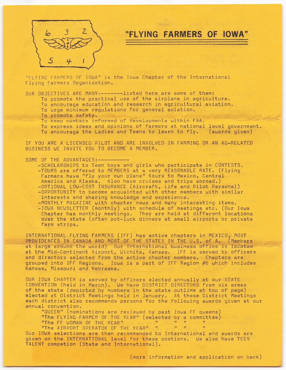 FLYING FARMERS OF IOWA Membership Application Vintage Paper Document Yellow
