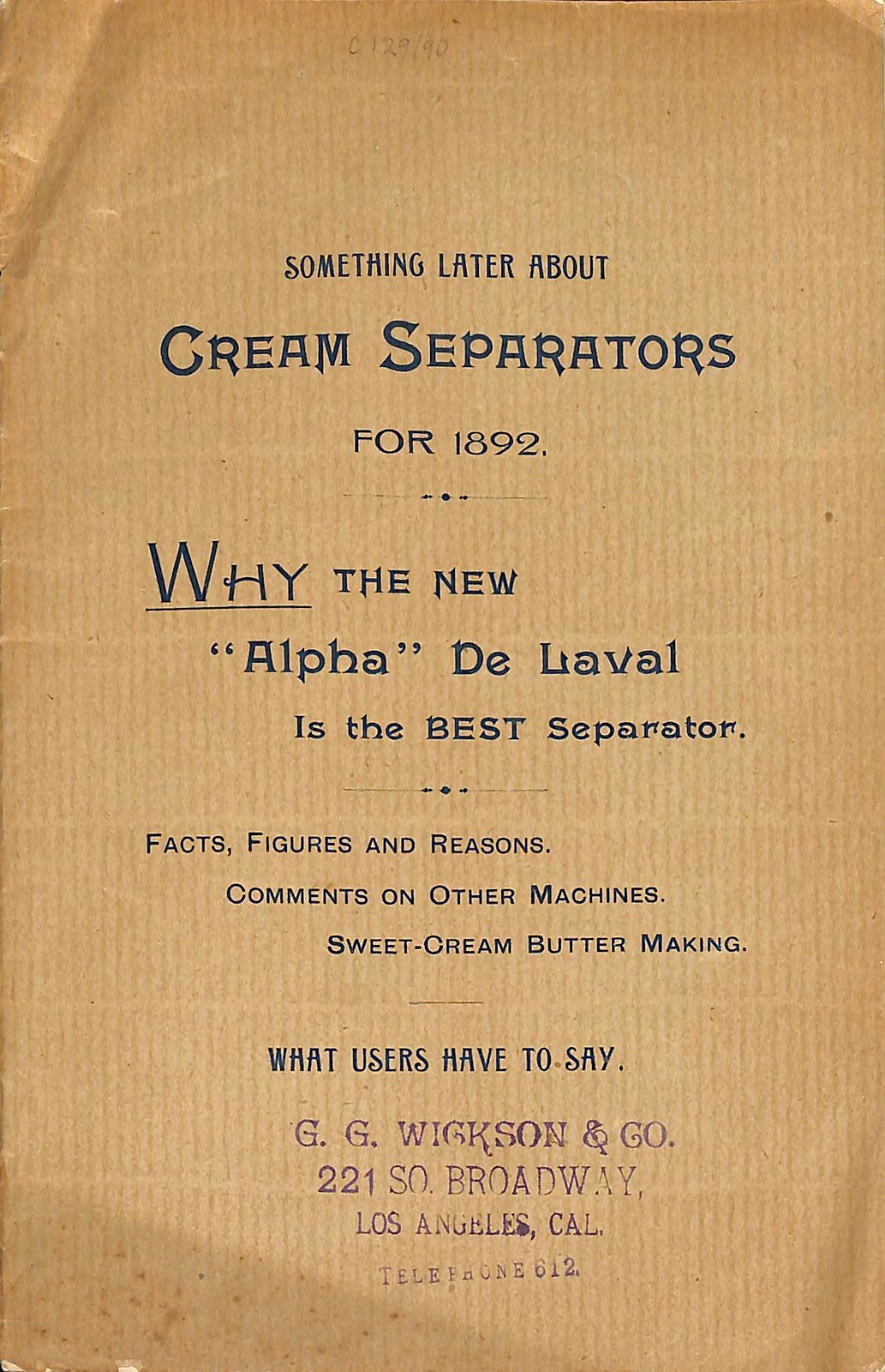 Scarce 1892 « De Laval Cream Separators Catalog » Wickson Los Angeles, CA 16pp VGC