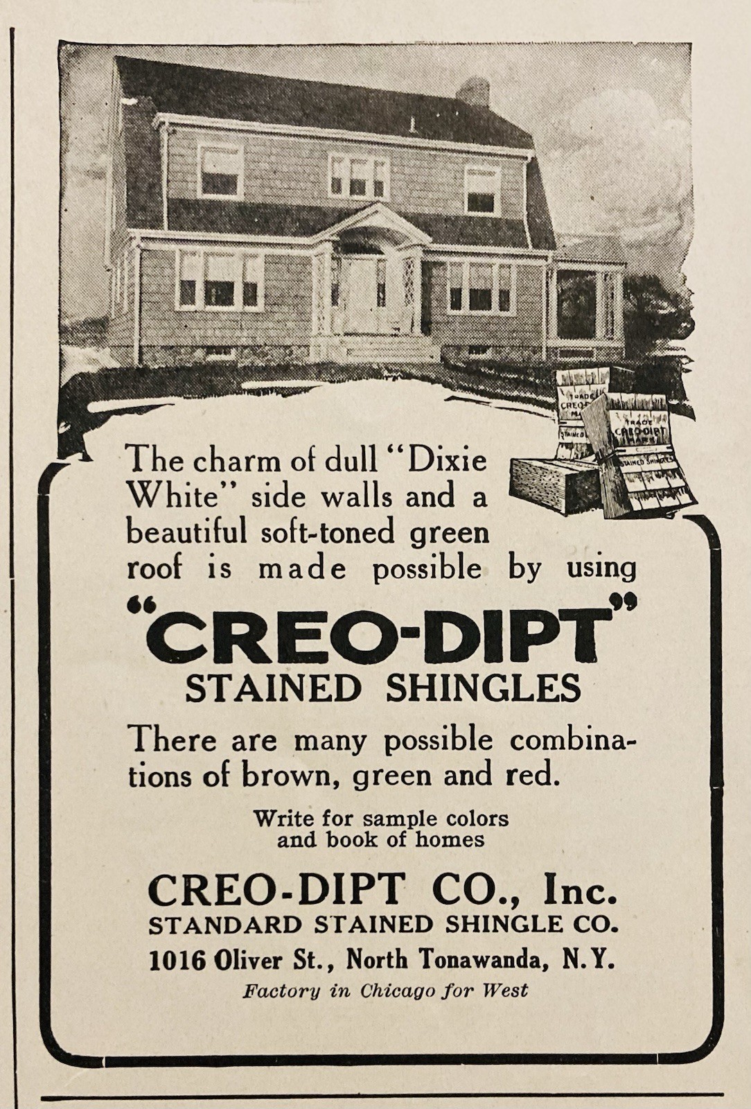 1917 AD.(XH80)~CREO-DIPT CO. N. TONAWANDA, NY. “CREO-DIPT” STAINED SHINGLES