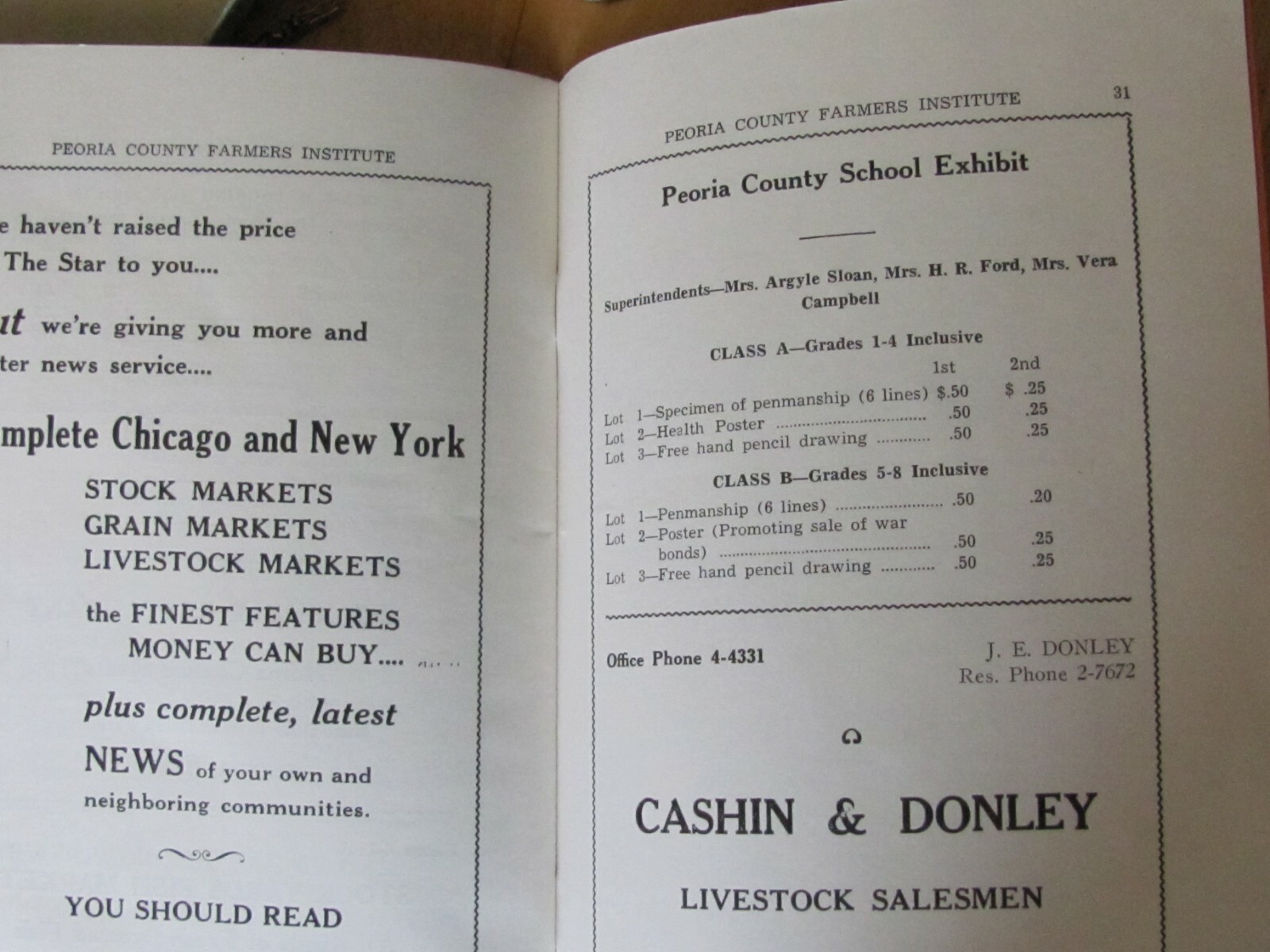 1943 SHOW PROGRAM BOOK PEORIA COUNTY FARM INSTITUTE DUNLAP IL LOCAL ADVERTISING