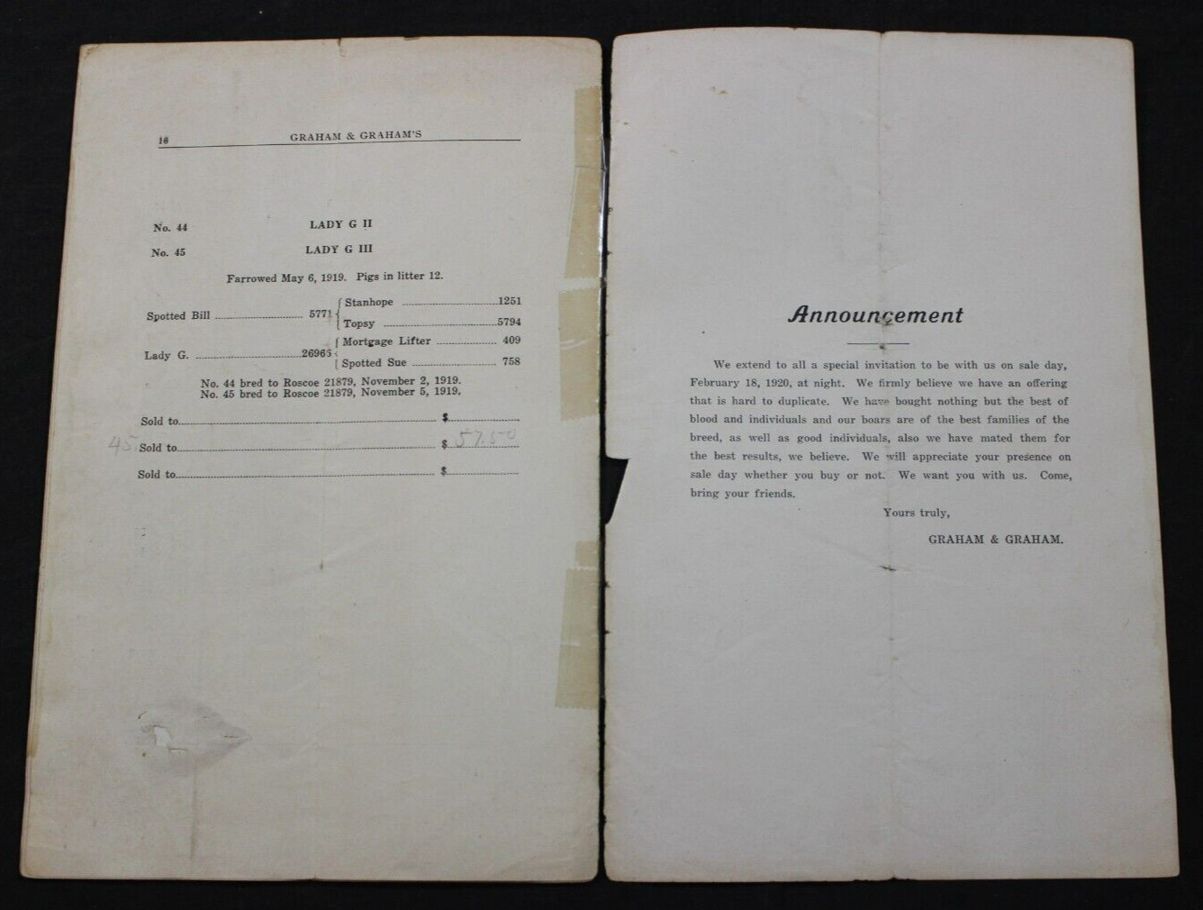 1920 SPOTTED POLAND CHINAS HOG PIG SALE CATALOG ~ NEW CASTLE, INDIANA