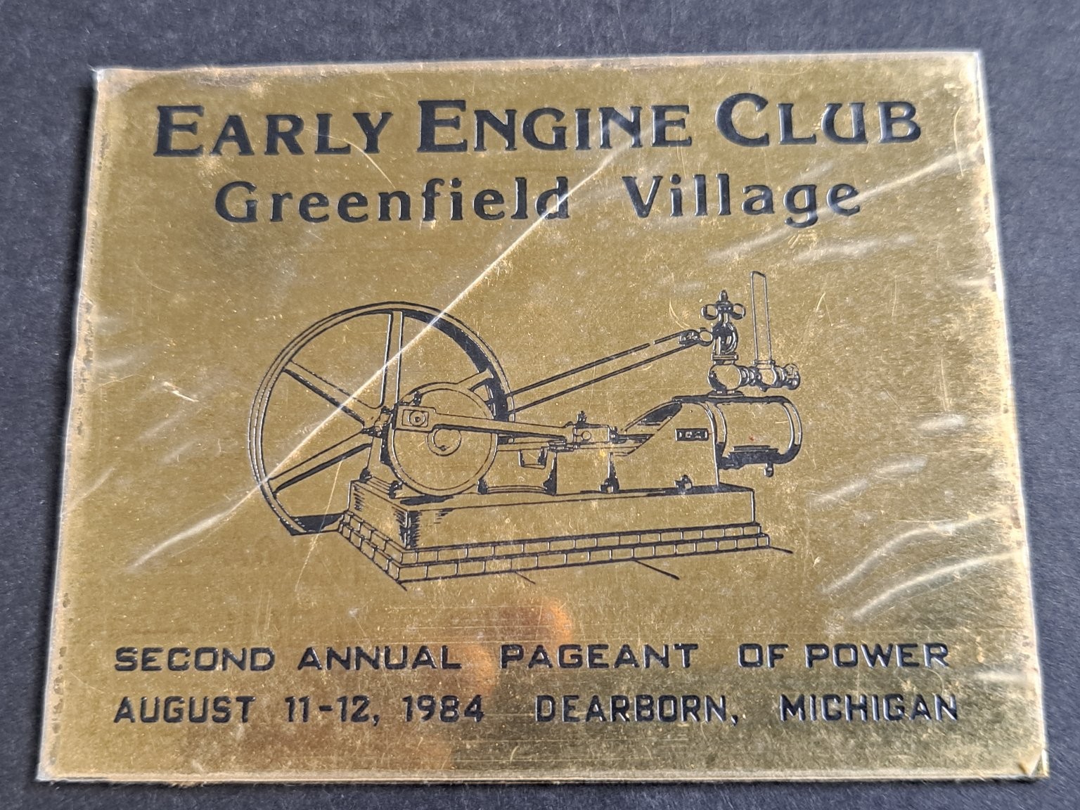 Greenfield Village Early Engine Club 1984 Pageant of Power Brass Foil Plaque