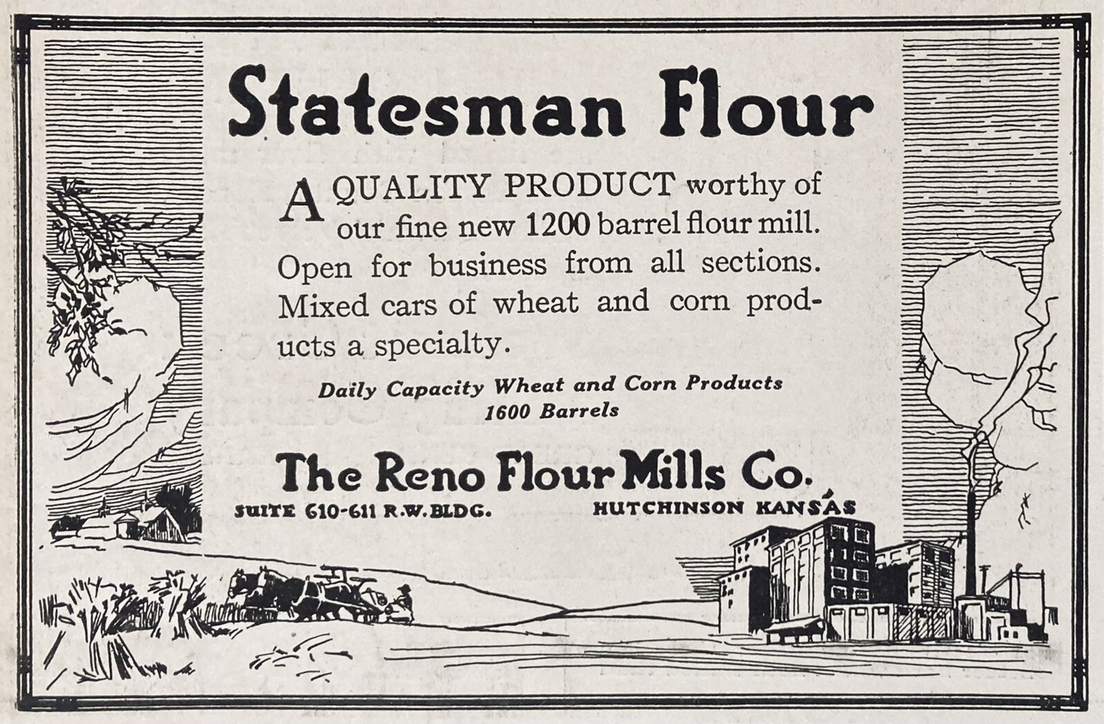 1919 AD(XH32)~RENO FLOUR MILLS CO. HUTCHINSON, KS. STATESMAN FLOUR