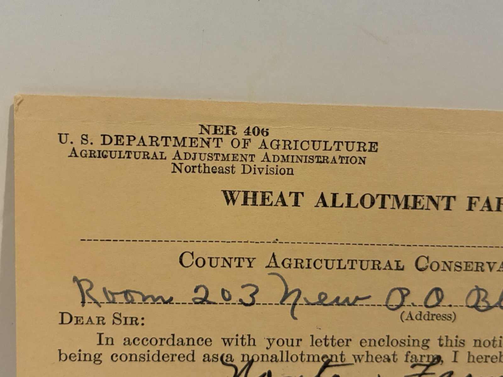 Vintage 1940 US Department Of Agriculture WHEAT ALLOTMENT FARM REQUEST Form