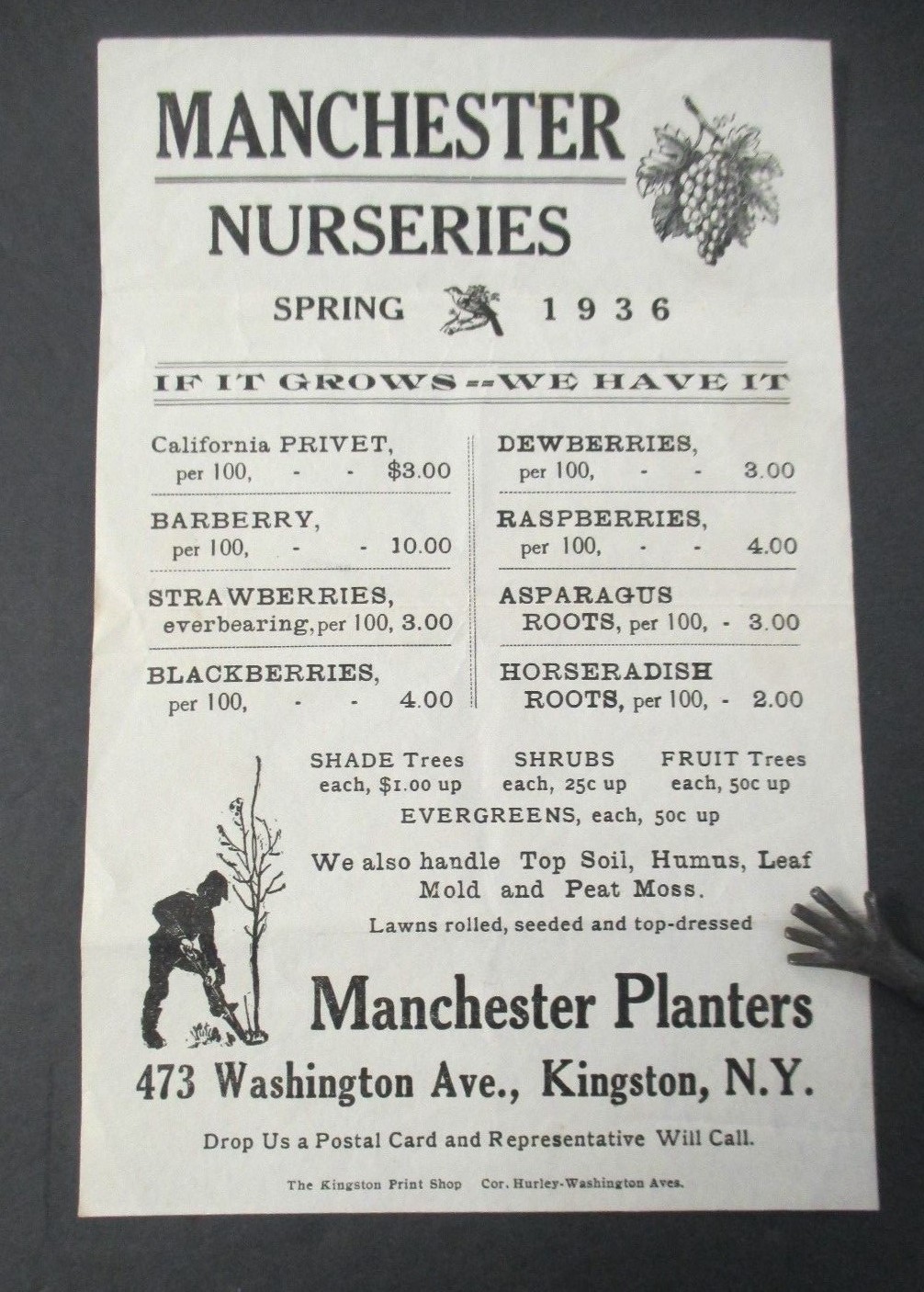 MANCHESTER NURSERIES, SPRING 1936 Flyer or Handbill, Kingston, NY