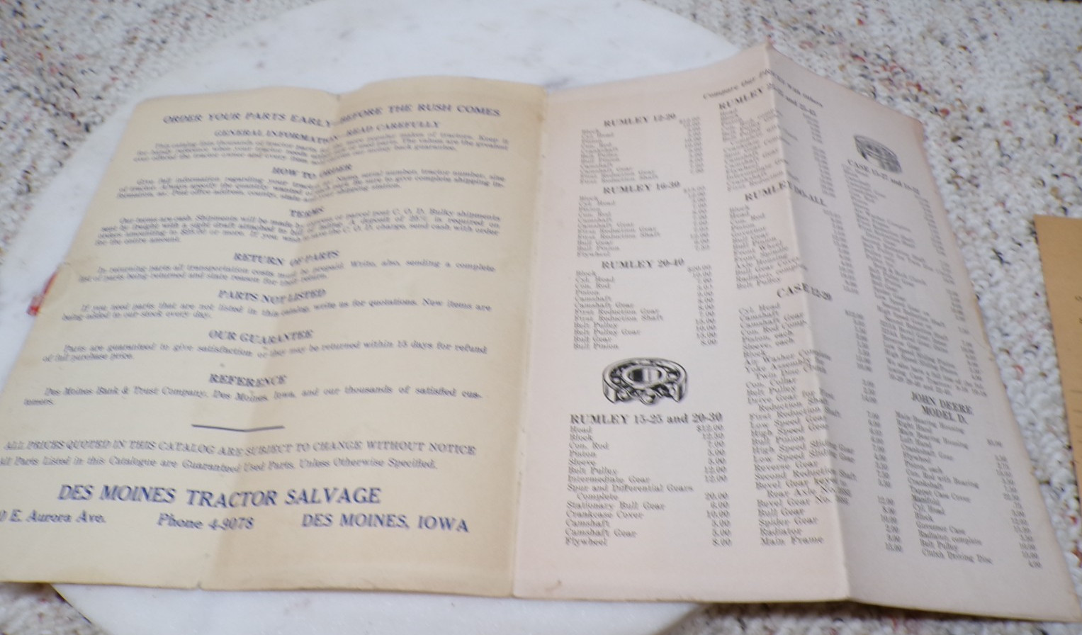 1920s Des Moines Tractor Salvage 1500 Aurora Tractor Parts Catalog Iowa Family?