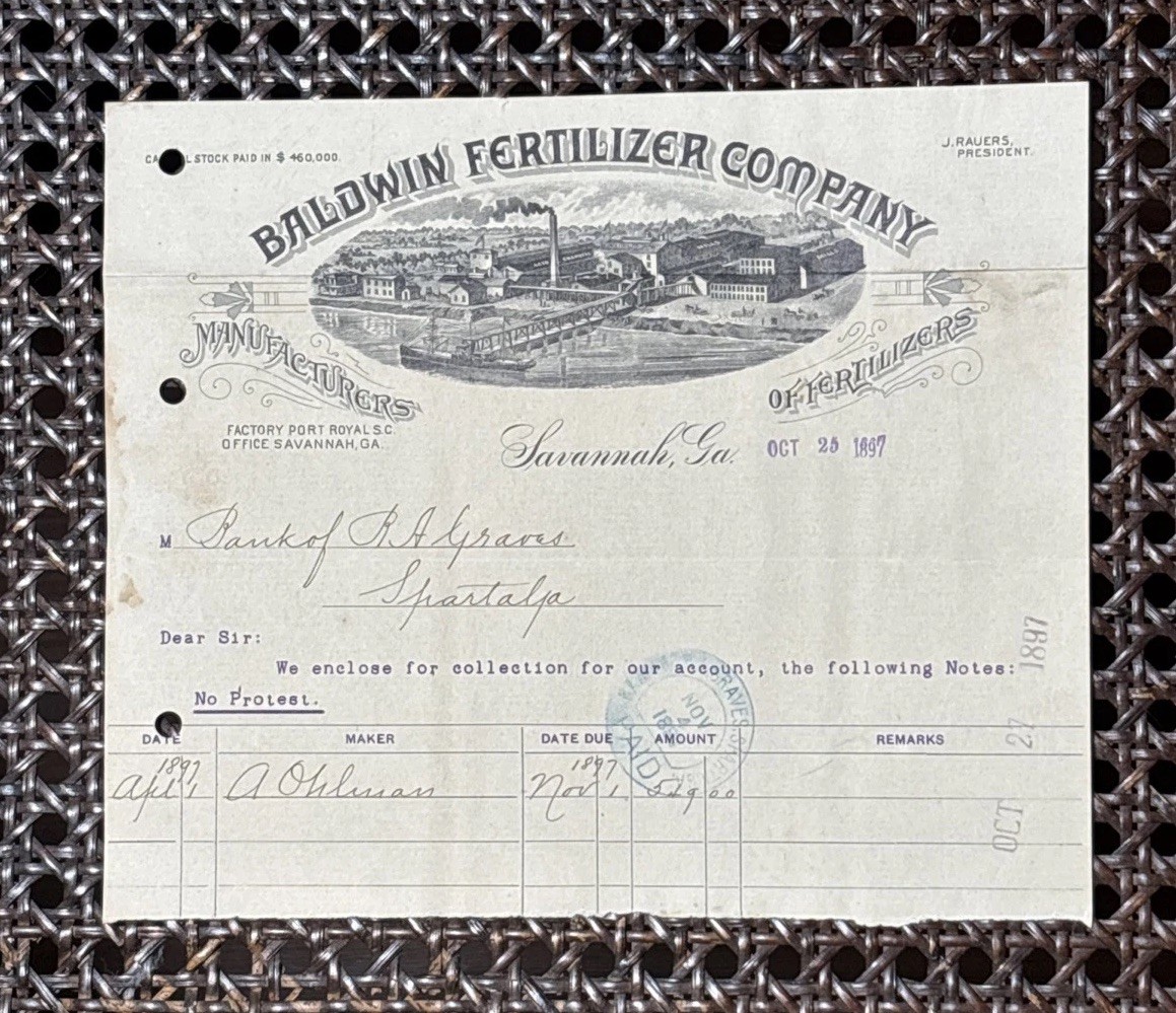1897 Savannah GA Port Royal SC Fertilizer Billhead Train Ship Factory Art Litho