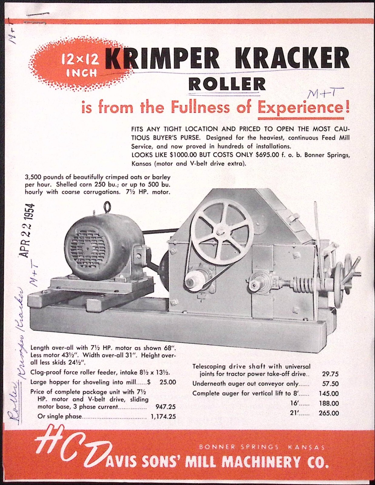 1954 Krimper Kracker Roller HC Davis Sons Mill Machinery Co Brochure