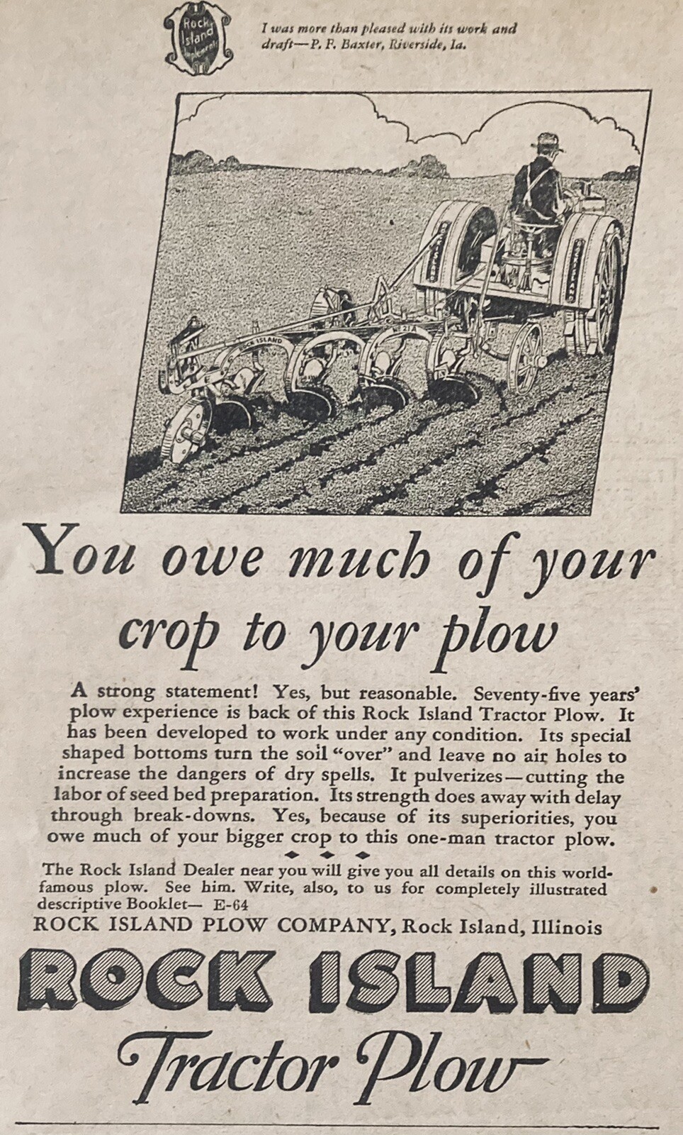 1930 AD.(XH27)~ROCK ISLAND PLOW CO. ILL. ROCK ISLAND TRACTOR AND PLOW