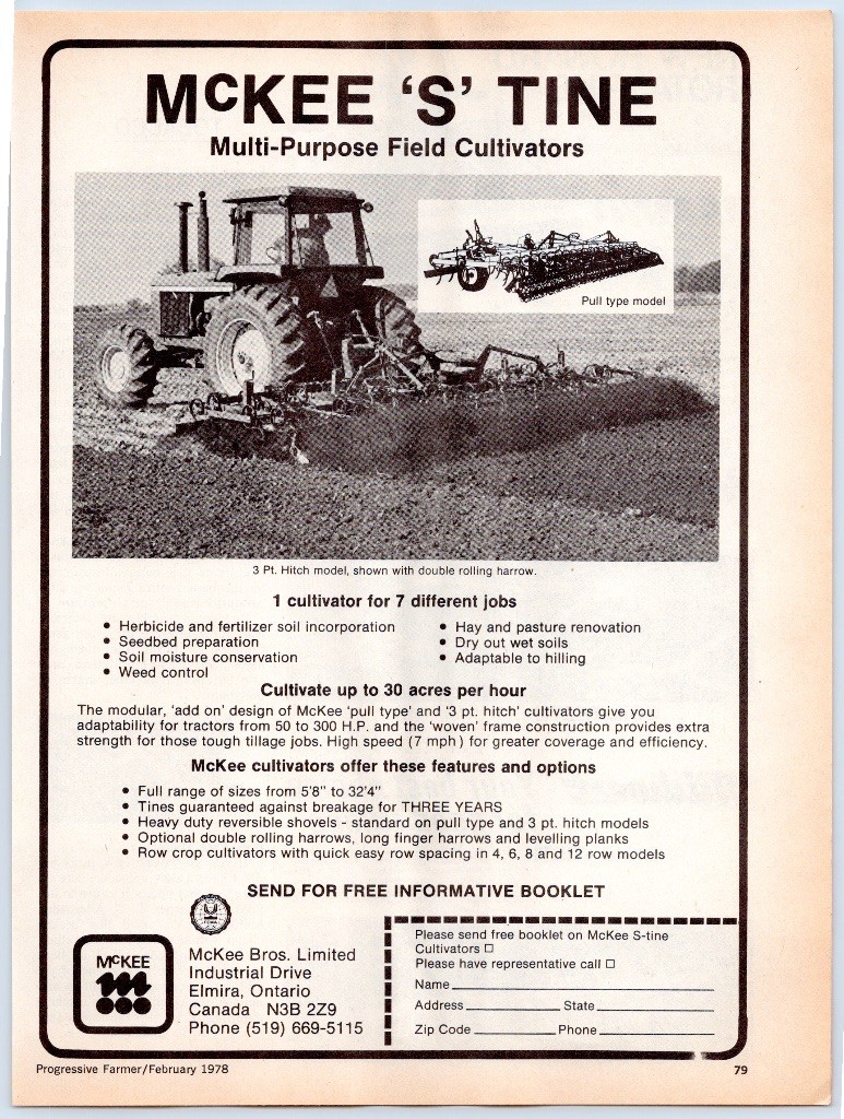 McKee S Tine Field Cultivator Tractor Farm Equipment Elmira Ontario Print Ad