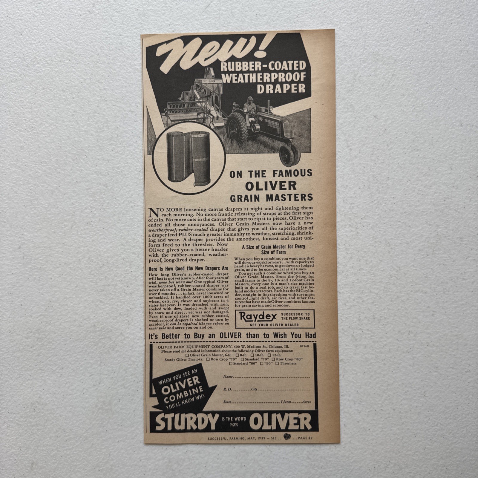 Oliver Farm Equip Co. Grain Masters Successful Farming May 1939 Advertisement