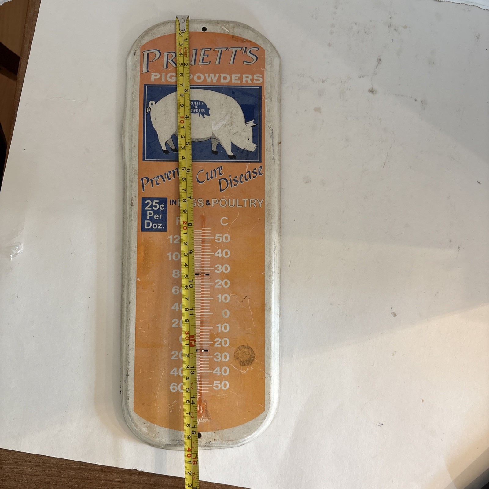 Vintage Pruett’s Pig Powders Thermometer Metal Tin Sign As Is Needs Thermometer
