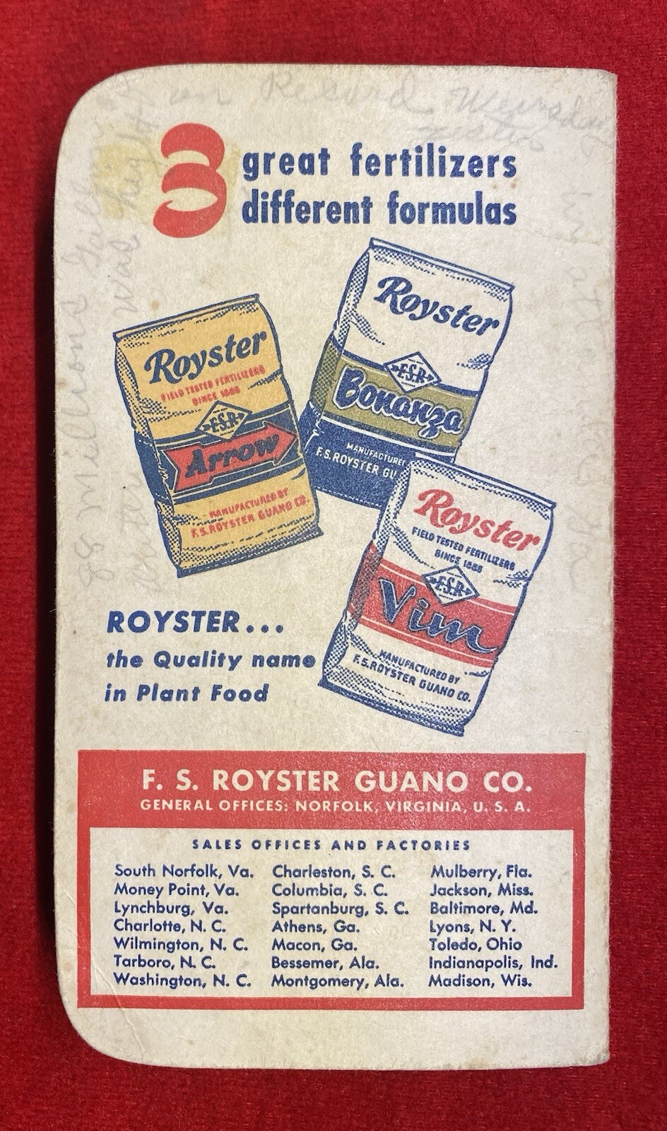 1957 *F. S. ROYSTER GUANO COMPANY* NORFOLK, VIRGINIA CALENDAR NOTE PAD+ENTRIES!
