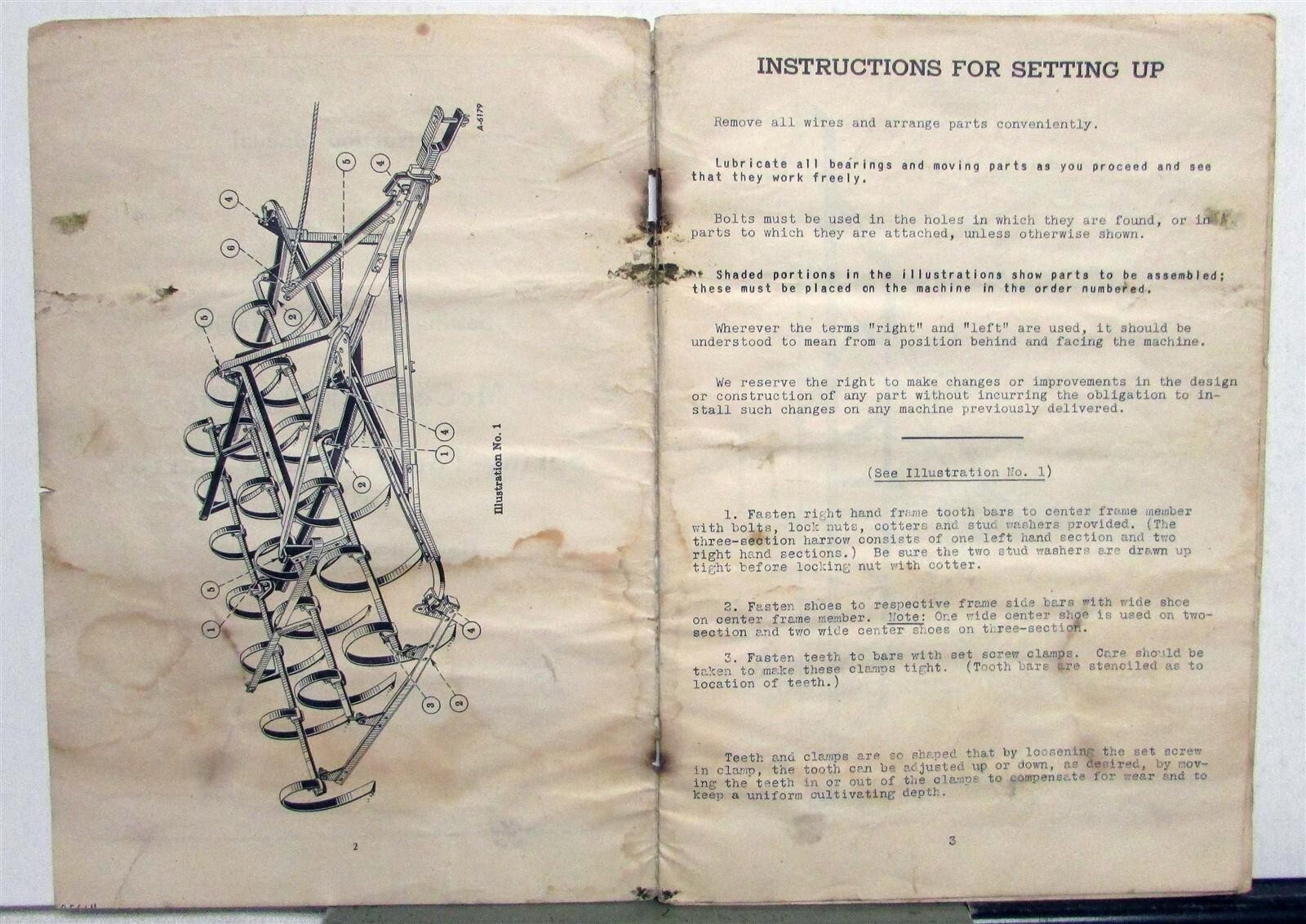1947 McCormick Deering 2 Harrow Specs Agricultural Instruction Manual Parts List
