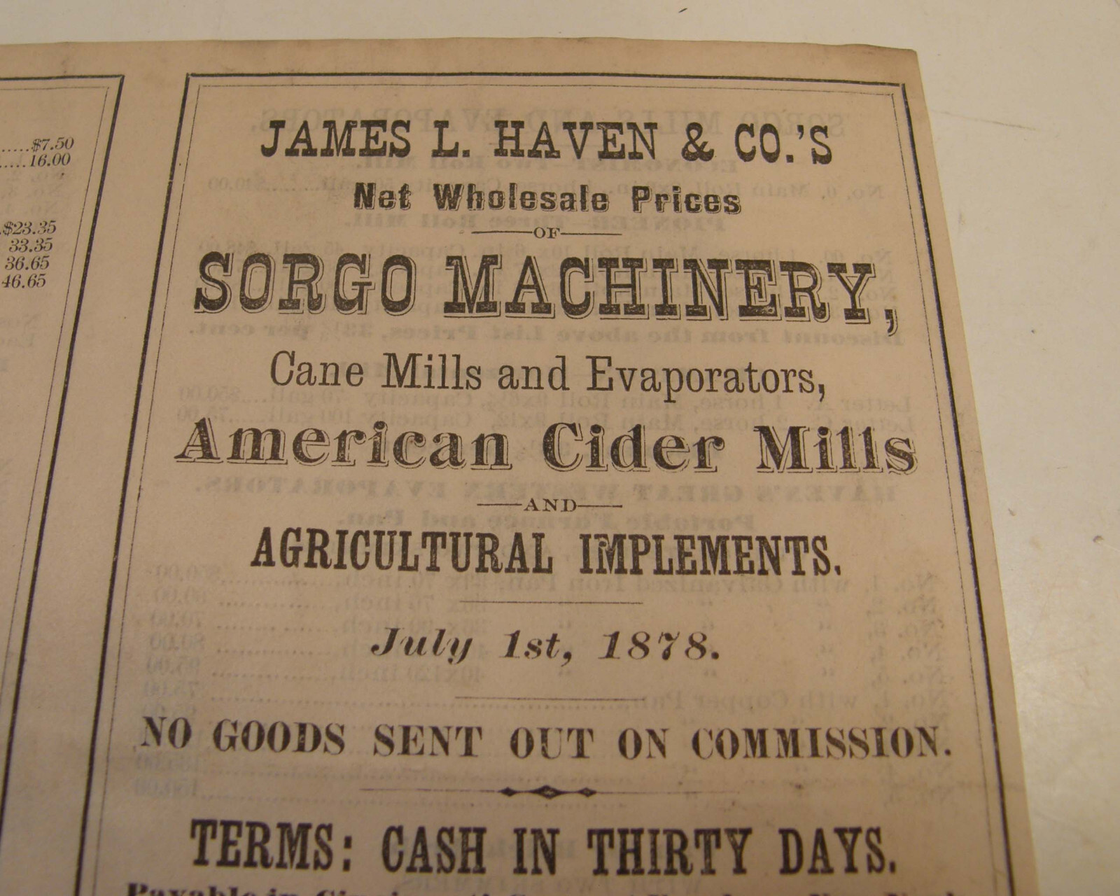 ANTIQUE 1878 AGRICULTURAL MACHINERY PRICE LIST JAMES HAVEN & CO CINCINNATI OH