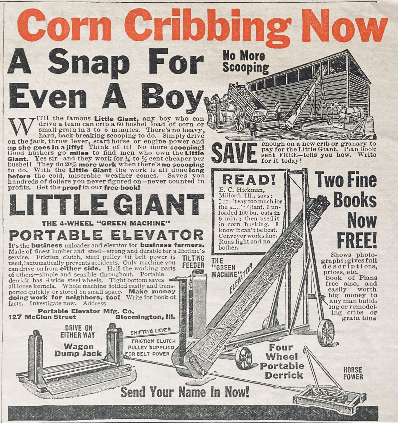 1912 AD.(XH64)~PORTABLE ELEVATOR MFG. CO. BLOOMINGTON, ILL. “LITTLE GIANT”