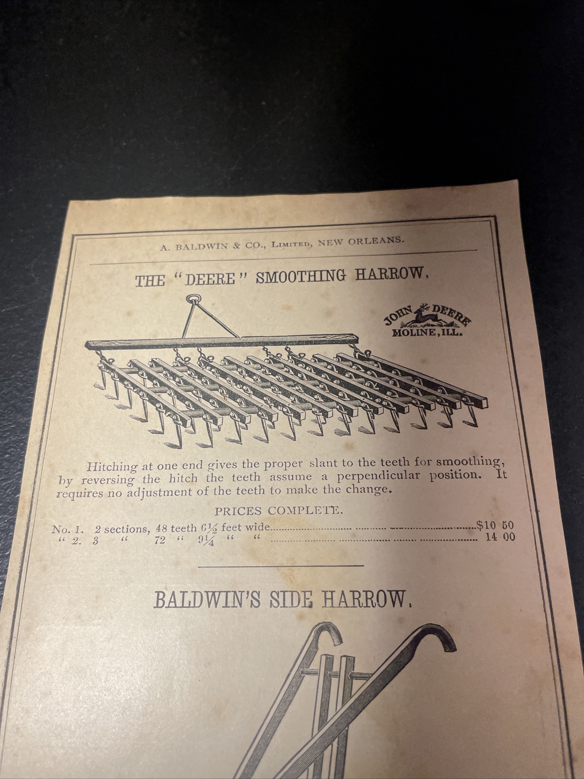 1891 Baldwin – John Deere Smoothing Harrow Farm Advertising – New Orleans
