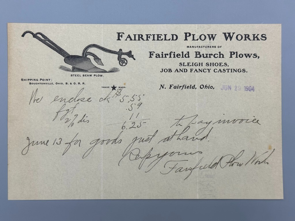 1904 FAIRFIELD BURCH PLOW Works FARM Advertising Antique Letter OHIO Sleigh Shoe