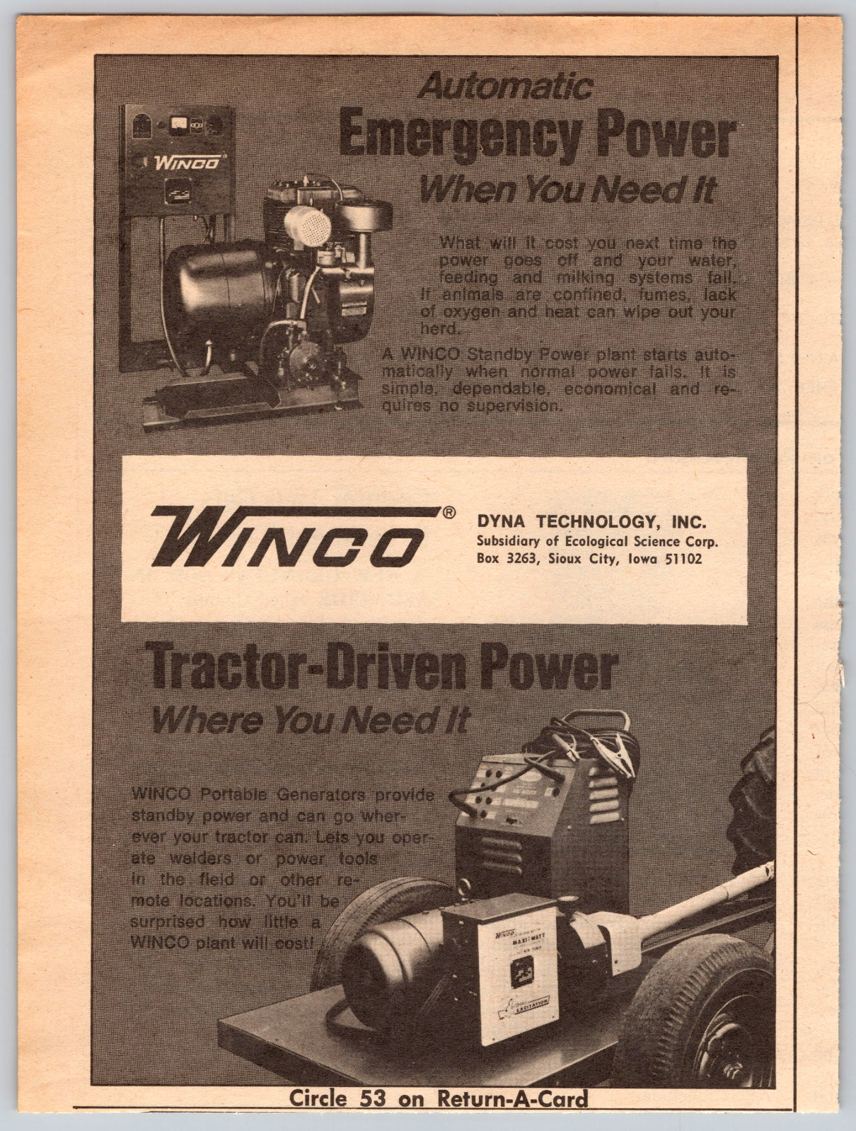 1973 Print Ad Winco Dyna Technology Sioux City Iowa Power Generators