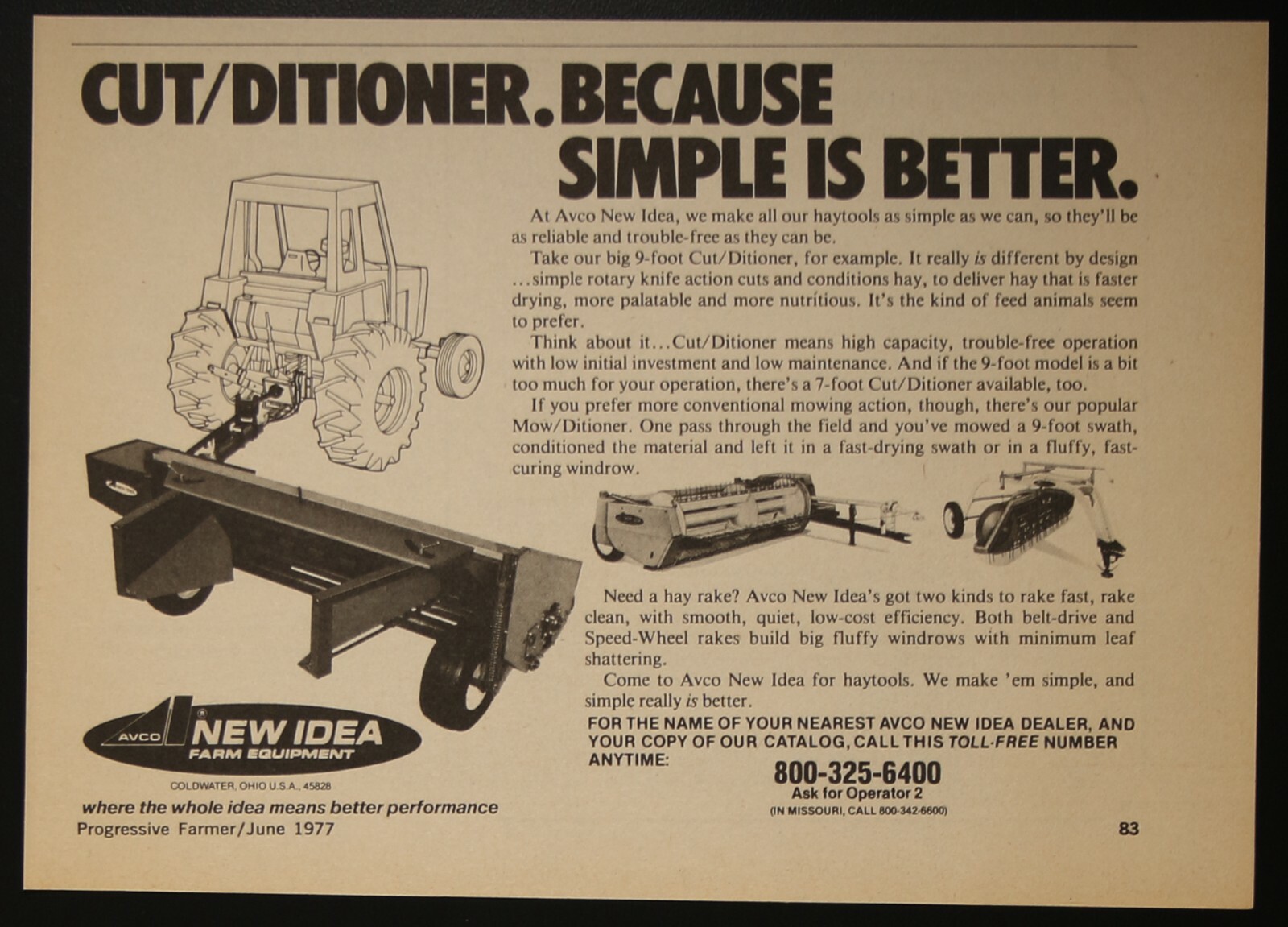 Avco New Idea Farm Hay Tools Cut/Ditioner Rake Vintage Print Ad 1977