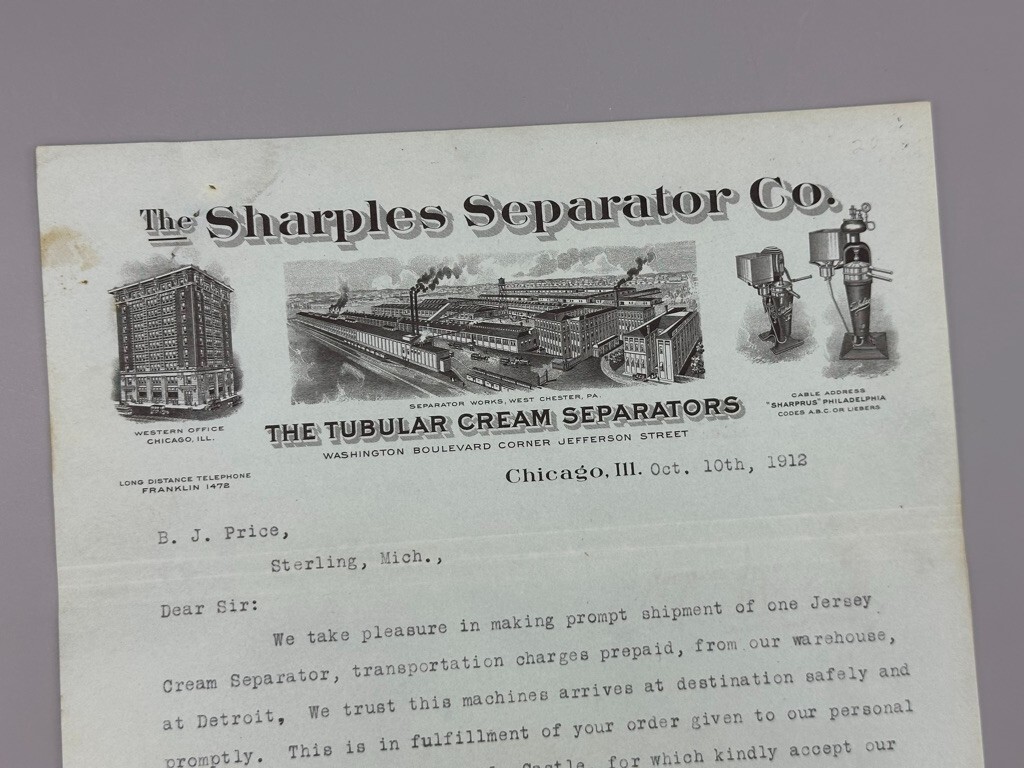1912 SHARPLES CREAM SEPARATOR Farm Advertising Antique Illustrated Letter