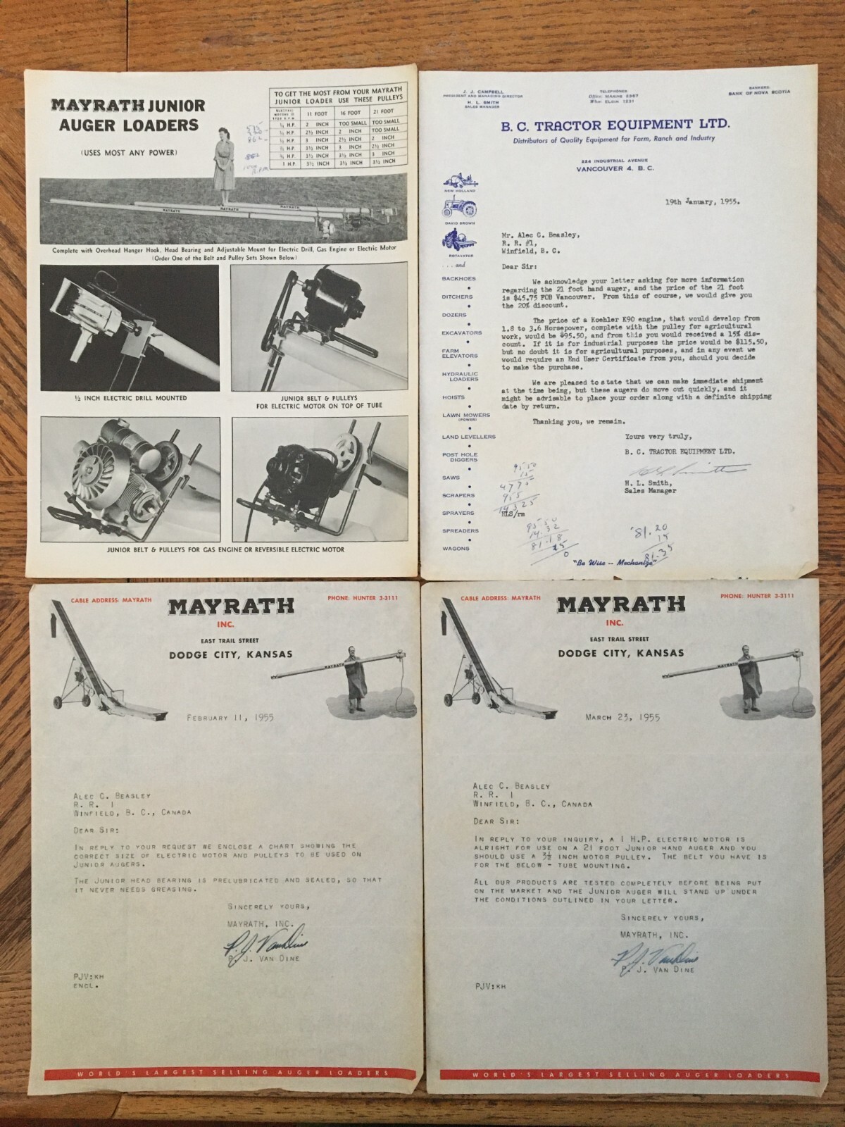 Mayrath JuniorAugers Farm Machinery Letters Receipt 1955 Kelowna BC Cattle Ranch