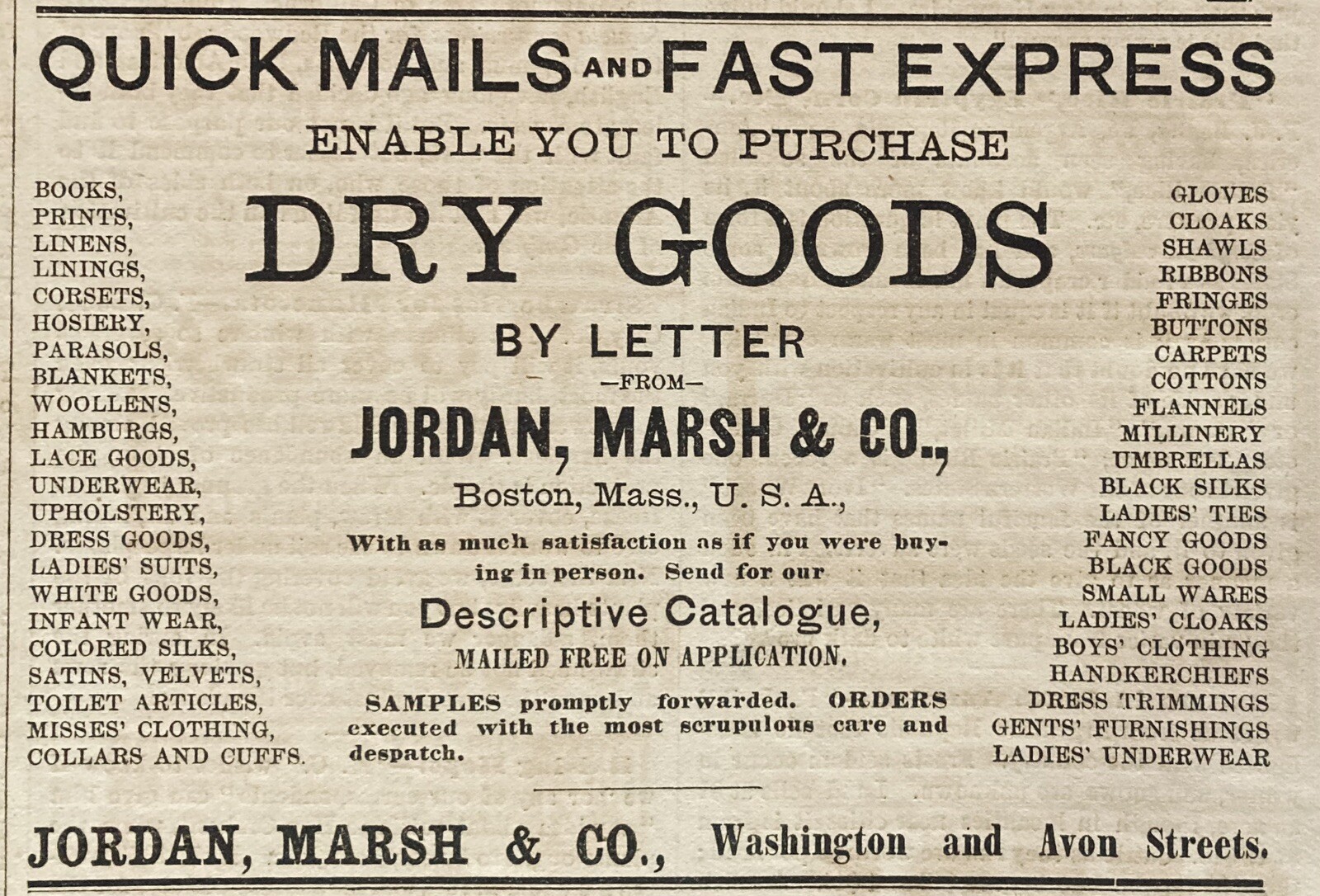 1882 AD.(XH69)~JORDAN, MARSH CO. BOSTON. DRY GOOD ITEMS