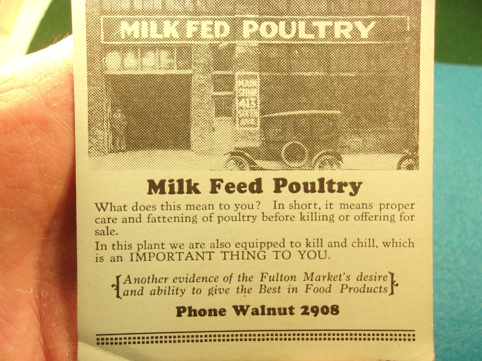 AWESOME ANTIQUE ADVERTISING CARD: THE FULTON MARKET, MILK FEED POULTRY, CHICAGO