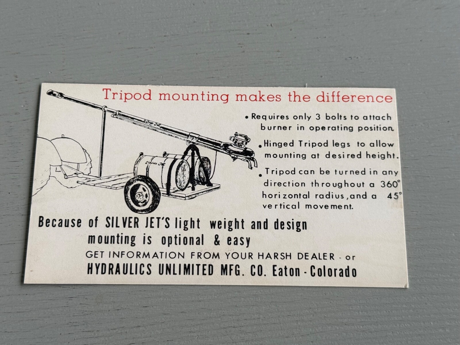 Vintage Advertising Card Silver Jet Burner Flame Thrower Mounts to Jeep Truck