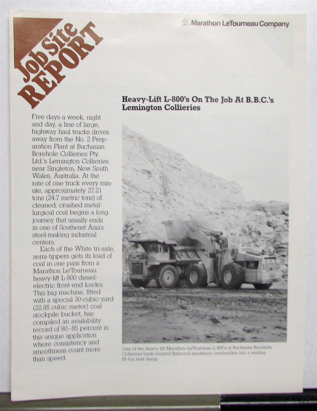 1980s Marathon LeTourneau L-800 Job Report Loader Construction Sales Brochure