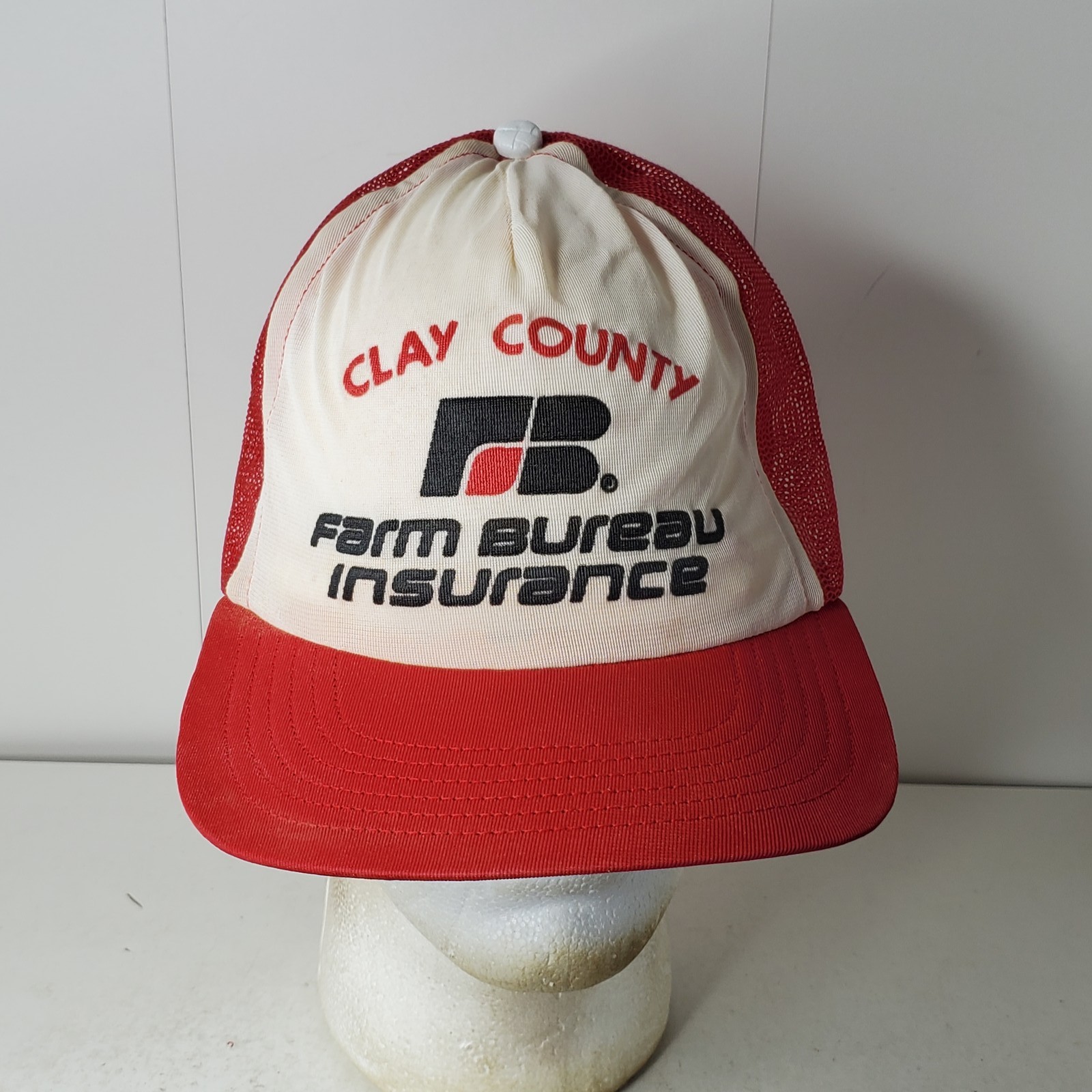Vintage Clay County Farm Bureau Insurance Trucker Hat Red White Mesh Snapback