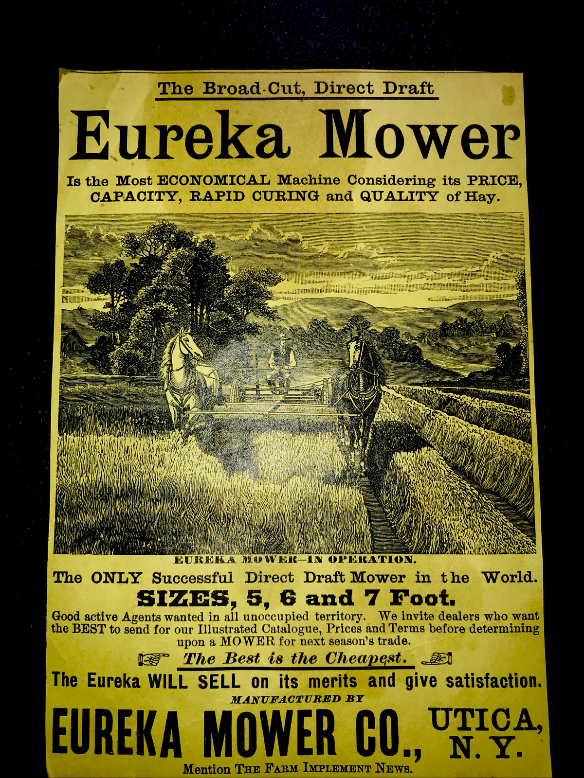 1886 Eureka Mower Farm Implements Engraving Advertising – Utica – New York