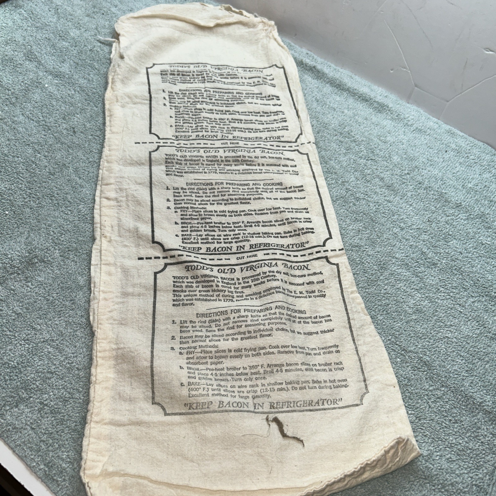 Vintage E.M. Todd CO. Inc Old Virginia Bacon Cover With Cooking Instructions
