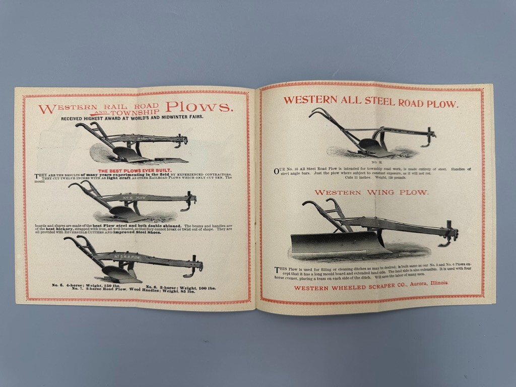 1893 ROAD MACHINE Western Wheel Scraper WORLDS FAIR Catalog Trade Card AURORA IL