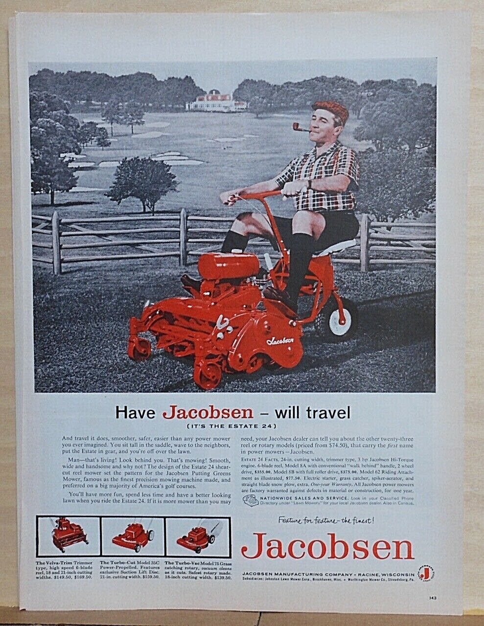 1959 magazine ad for Jacobsen Riding Mowers – Jaunty man with pipe on Estate 24