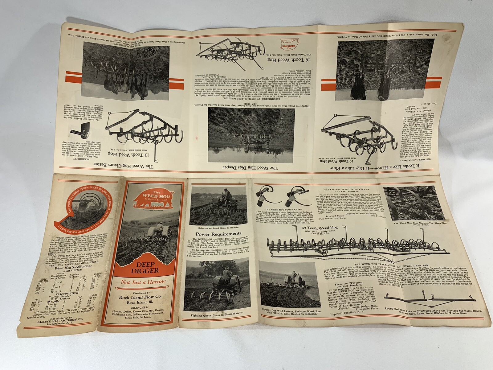 VINTAGE WEED HOG Pamphlet Fold Out Rock Island ILL Plow Co Advertising Harrow